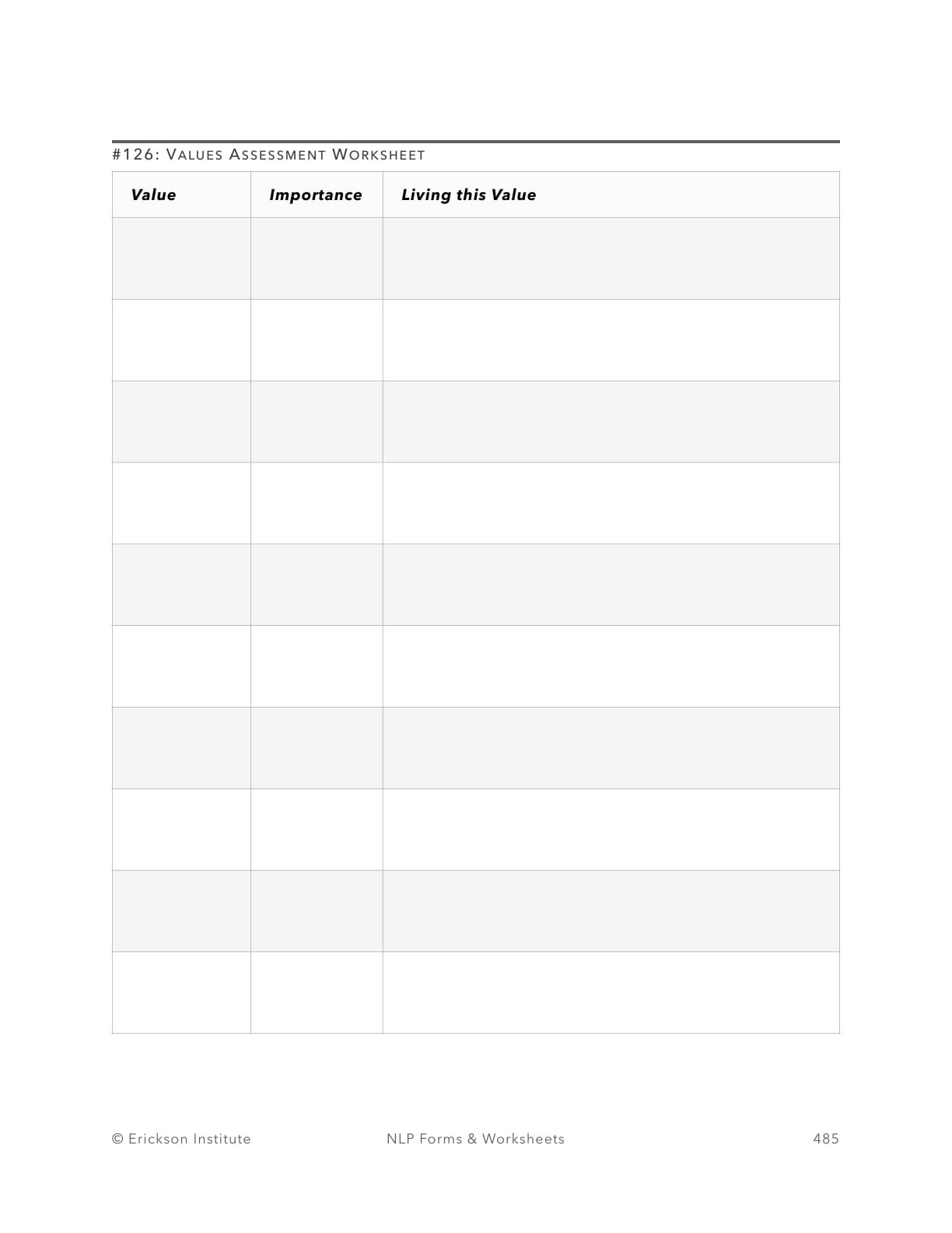 Values Assessment Worksheet - Neuro Linguistic Programming 1