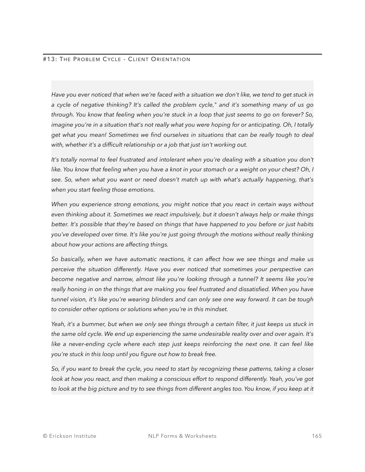 The Problem Cycle - Client Orientation - Neuro Linguistic Programming 1