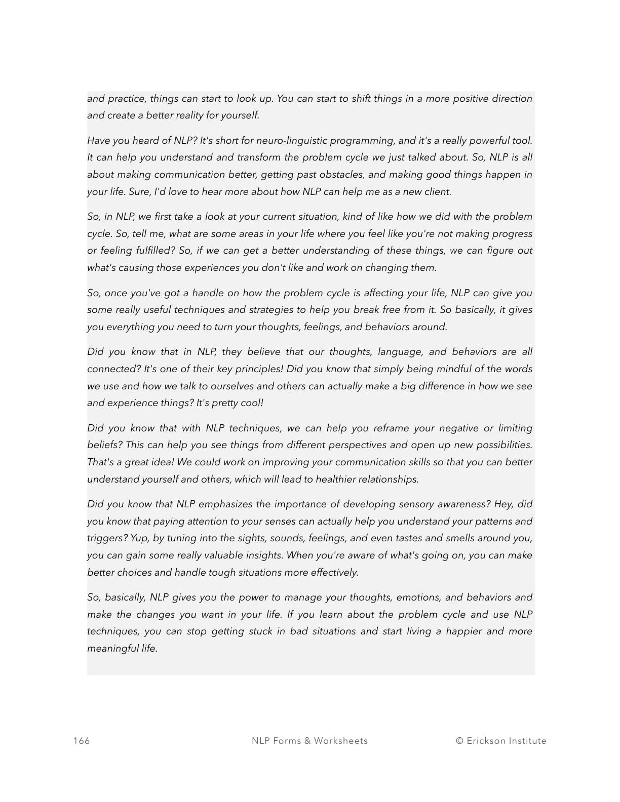 The Problem Cycle - Client Orientation - Neuro Linguistic Programming 2