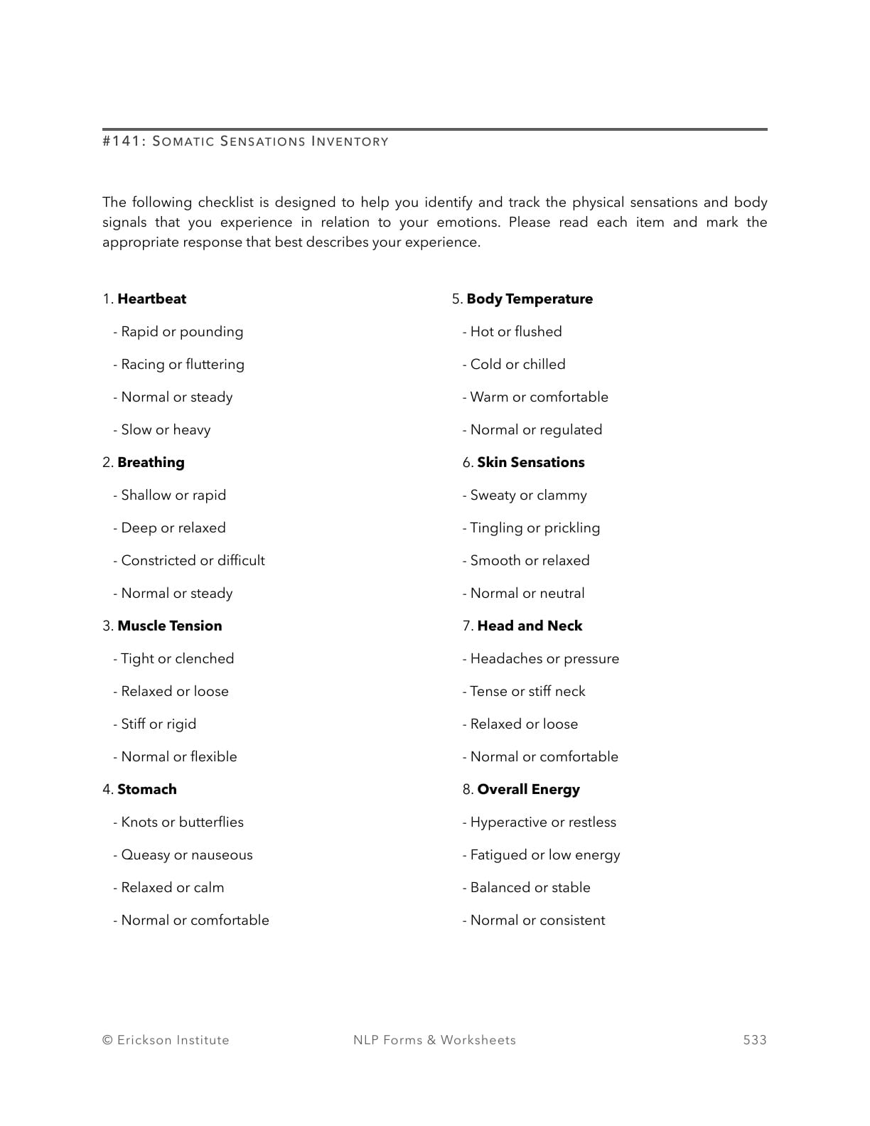 Somatic Sensations Inventory - Neuro Linguistic Programming 1