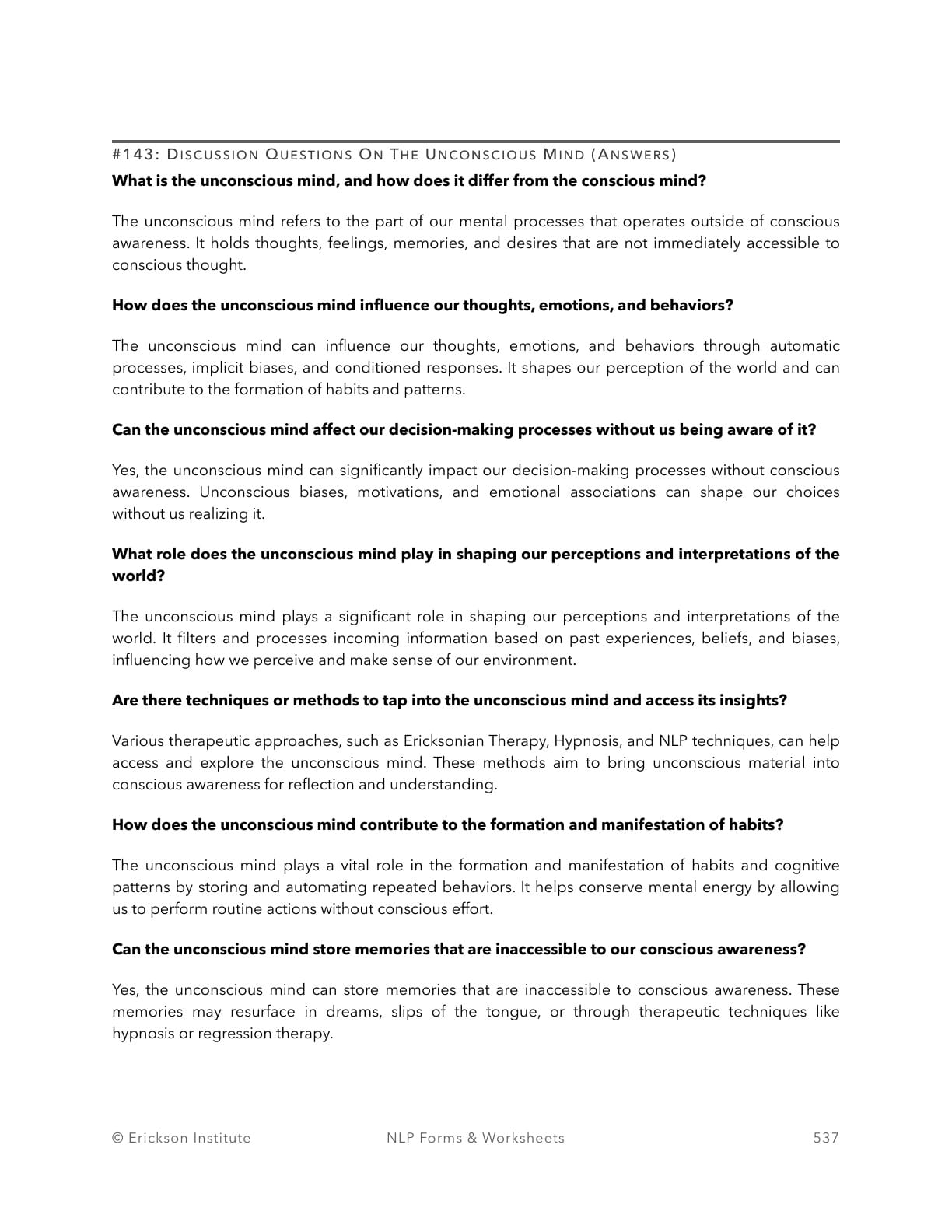 Discussion Questions On The Unconscious Mind (Answers) - Neuro Linguistic Programming 1
