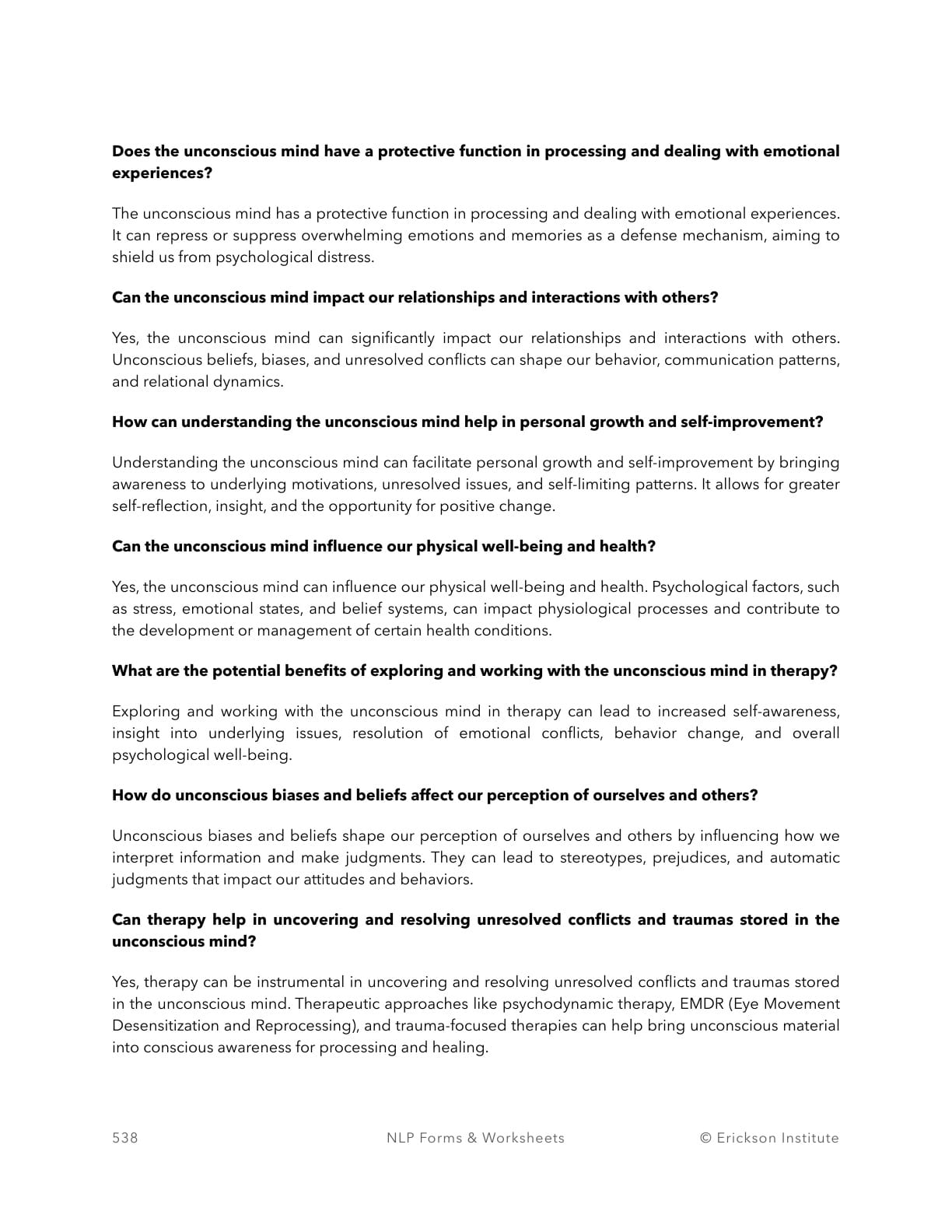 Discussion Questions On The Unconscious Mind (Answers) - Neuro Linguistic Programming 2