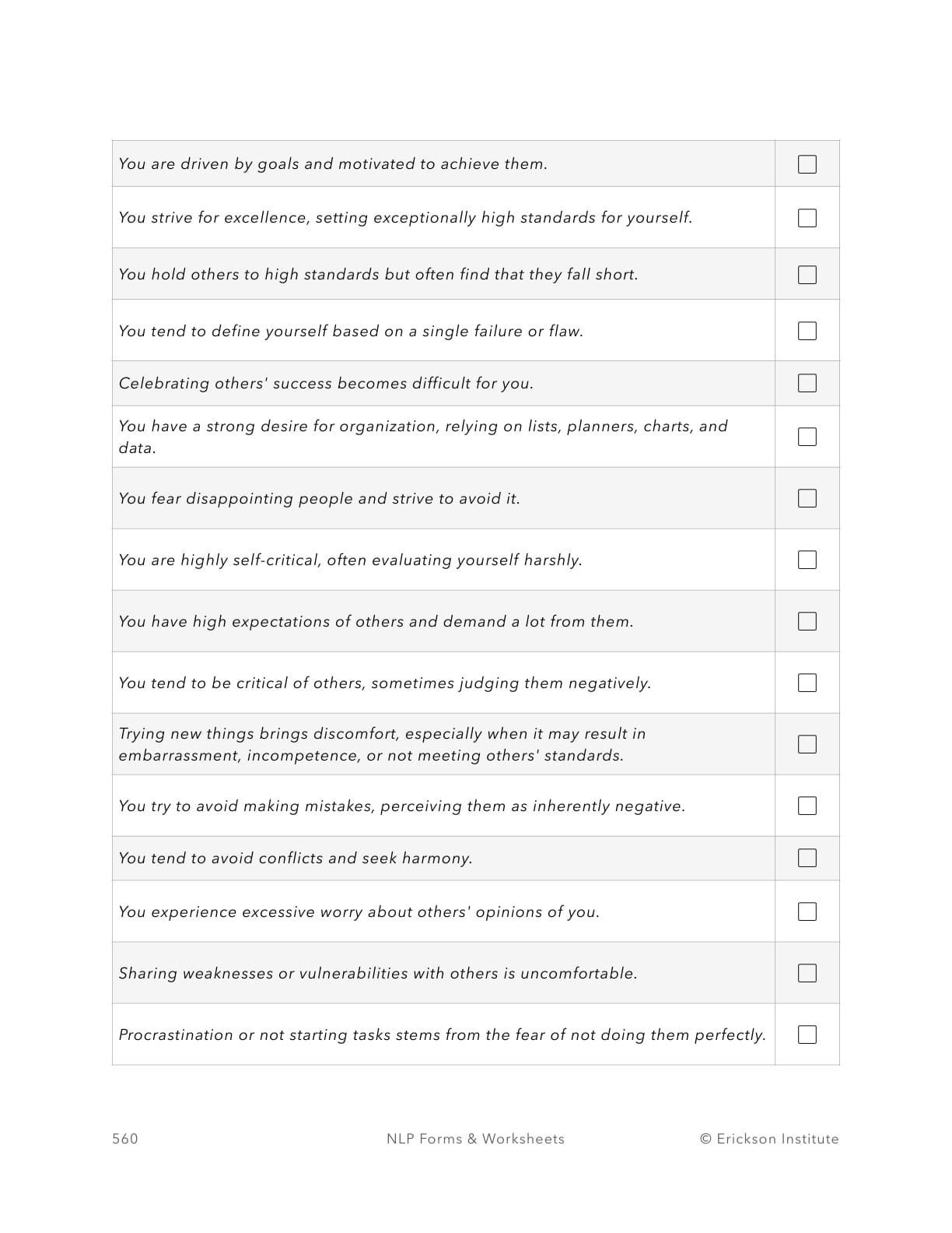 Perfectionism Intensity Checklist - Neuro Linguistic Programming 2