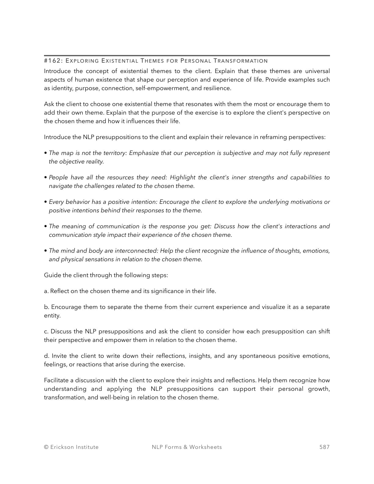 Existential Themes List - Neuro Linguistic Programming 1