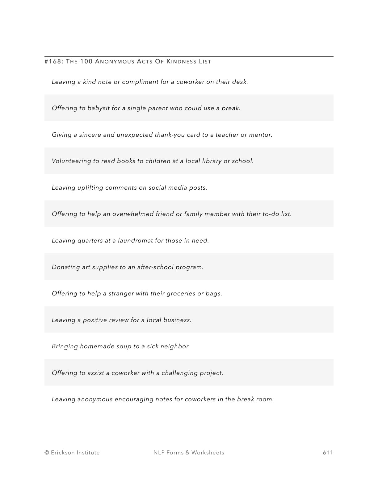Anonymous Acts Of Kindness Tracking Sheet - Neuro Linguistic Programming 1