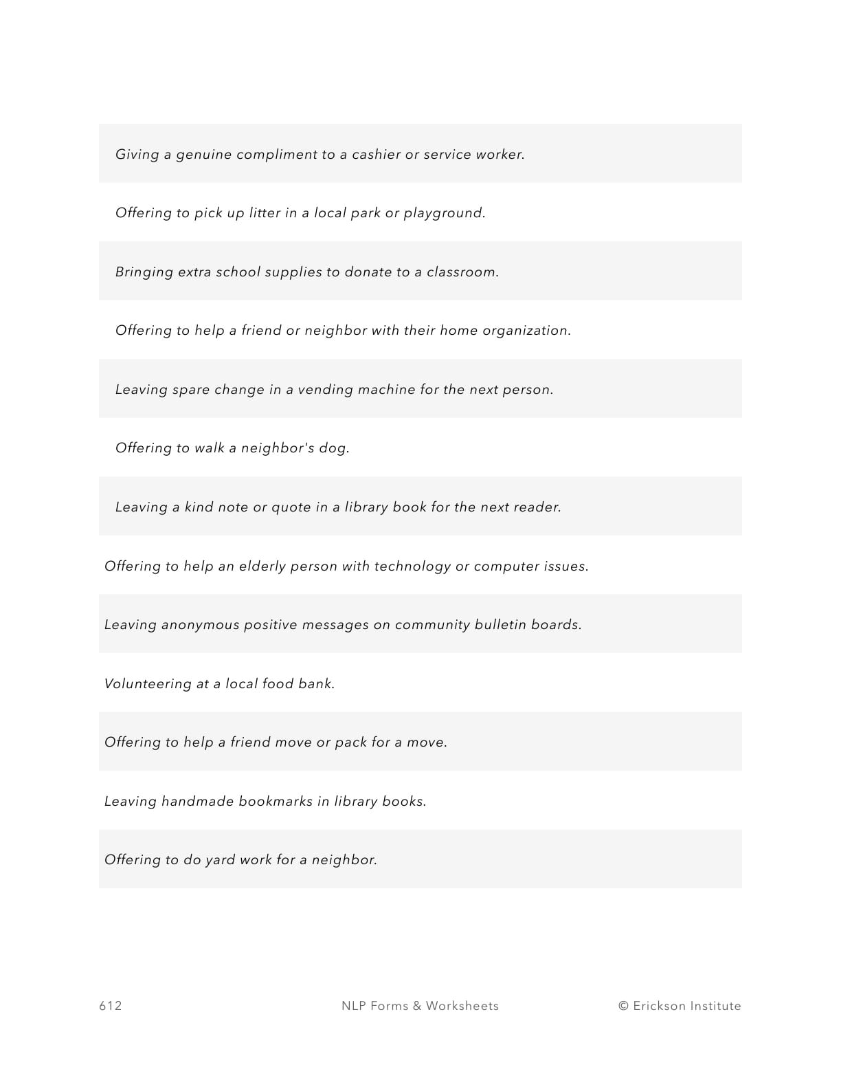 Anonymous Acts Of Kindness Tracking Sheet - Neuro Linguistic Programming 2