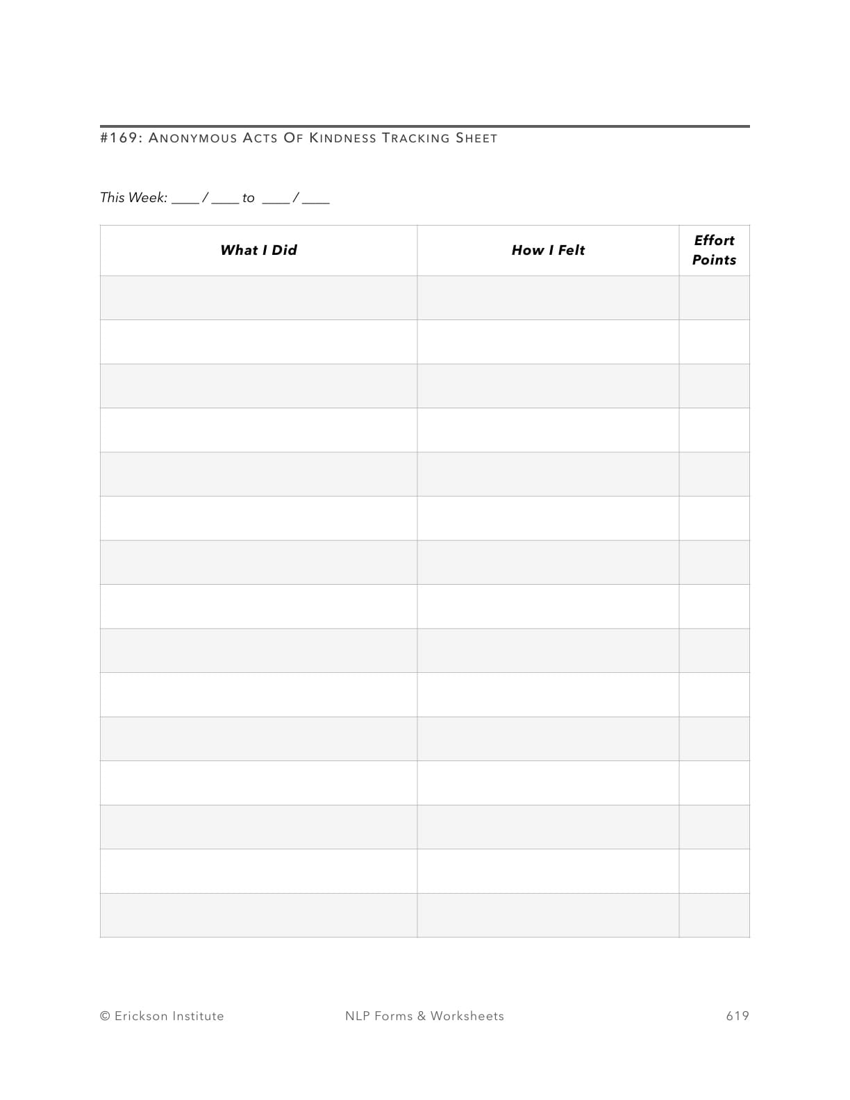 Anonymous Acts Of Kindness Tracking Sheet - Neuro Linguistic Programming 1