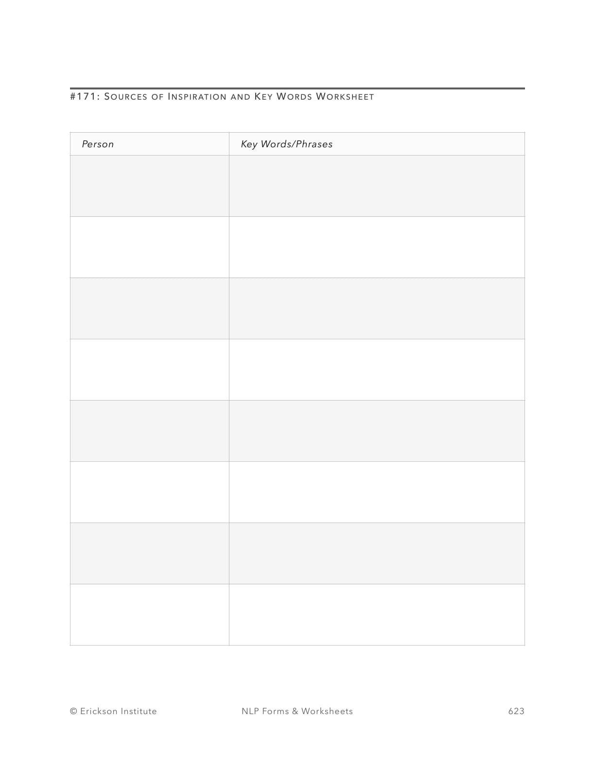 Sources of Inspiration and Key Words Worksheet - Neuro Linguistic Programming 1