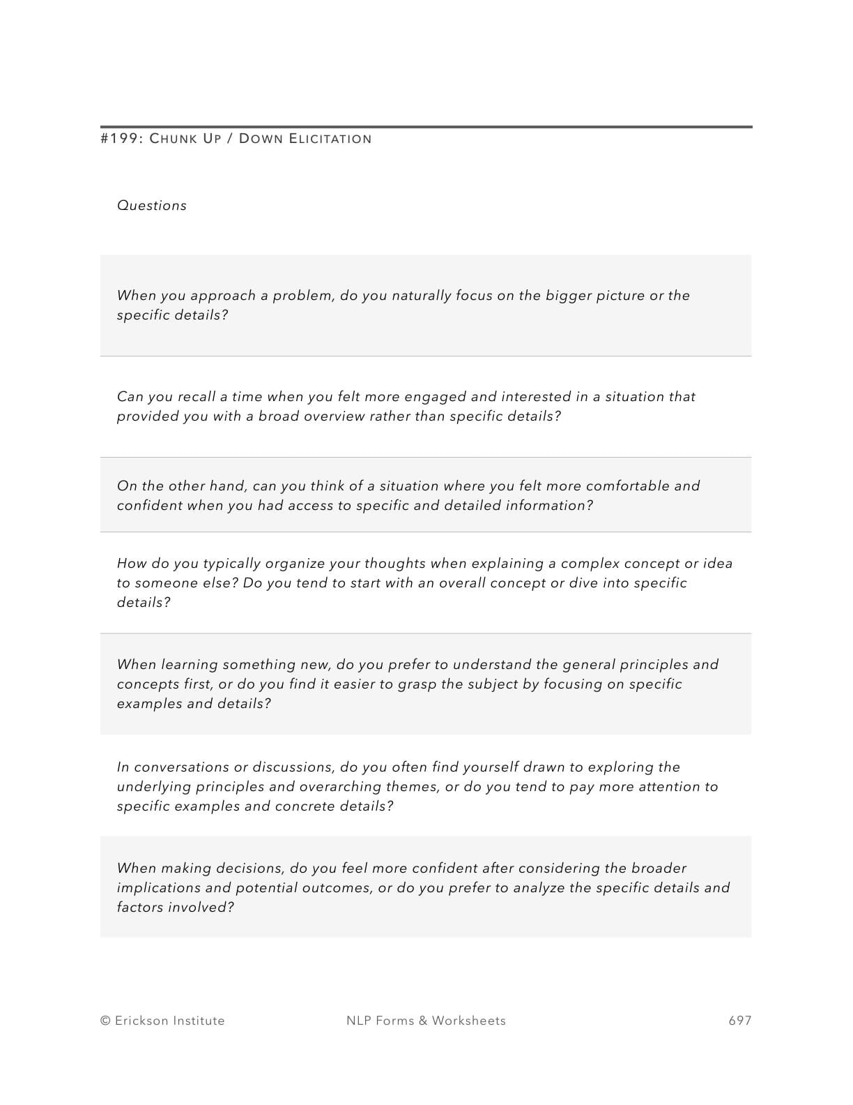 Chunk Up Vs. Chunk Down Worksheet - Neuro Linguistic Programming 1