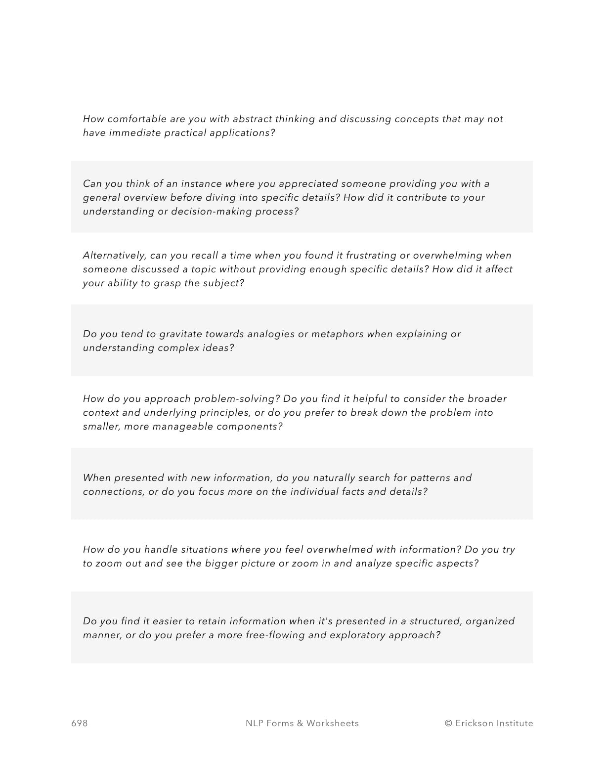 Chunk Up Vs. Chunk Down Worksheet - Neuro Linguistic Programming 2