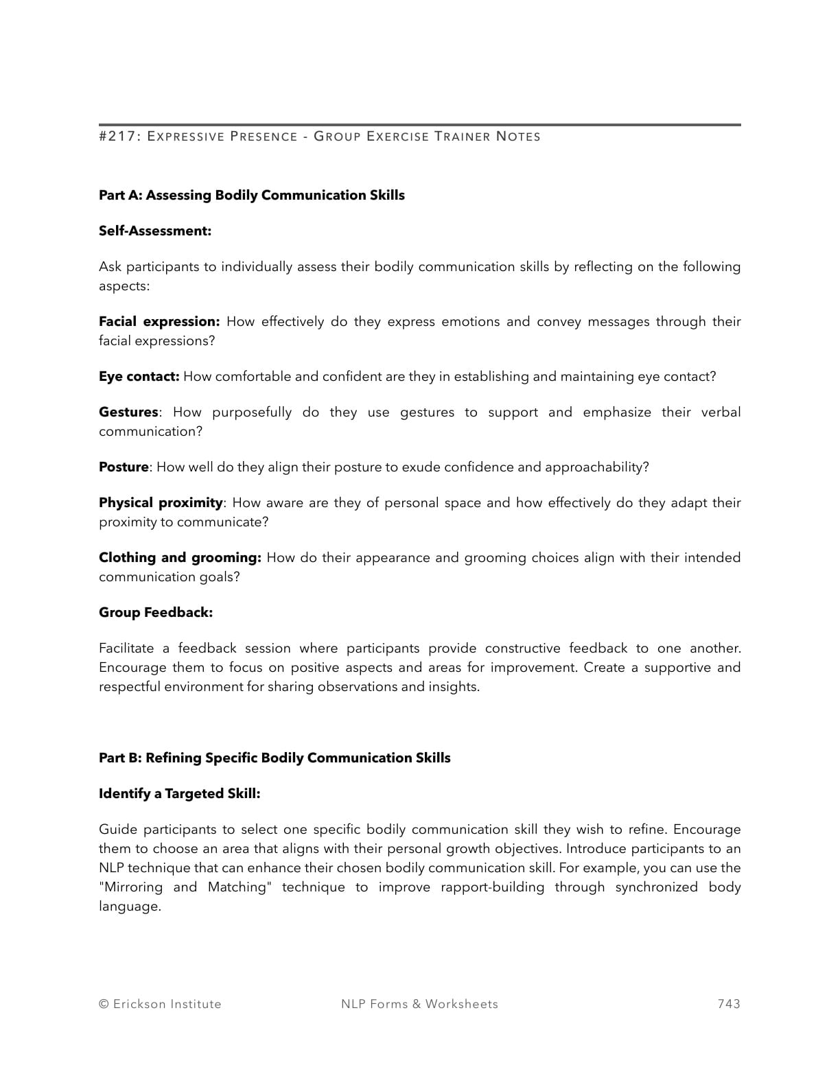 Expressive Presence - Group Exercise Participant Feedback Form - Neuro Linguistic Programming 1