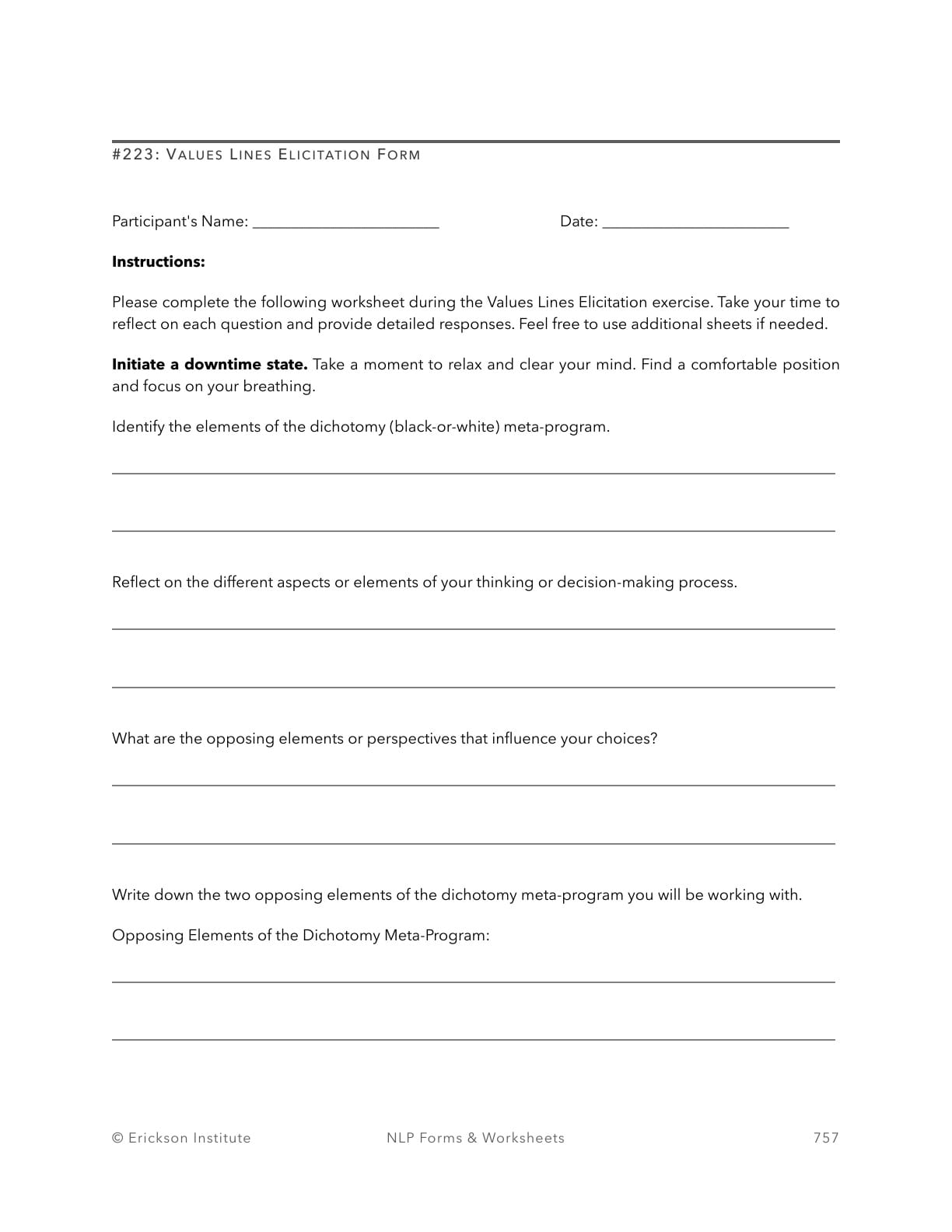 Values Lines Elicitation Form - Neuro Linguistic Programming 1