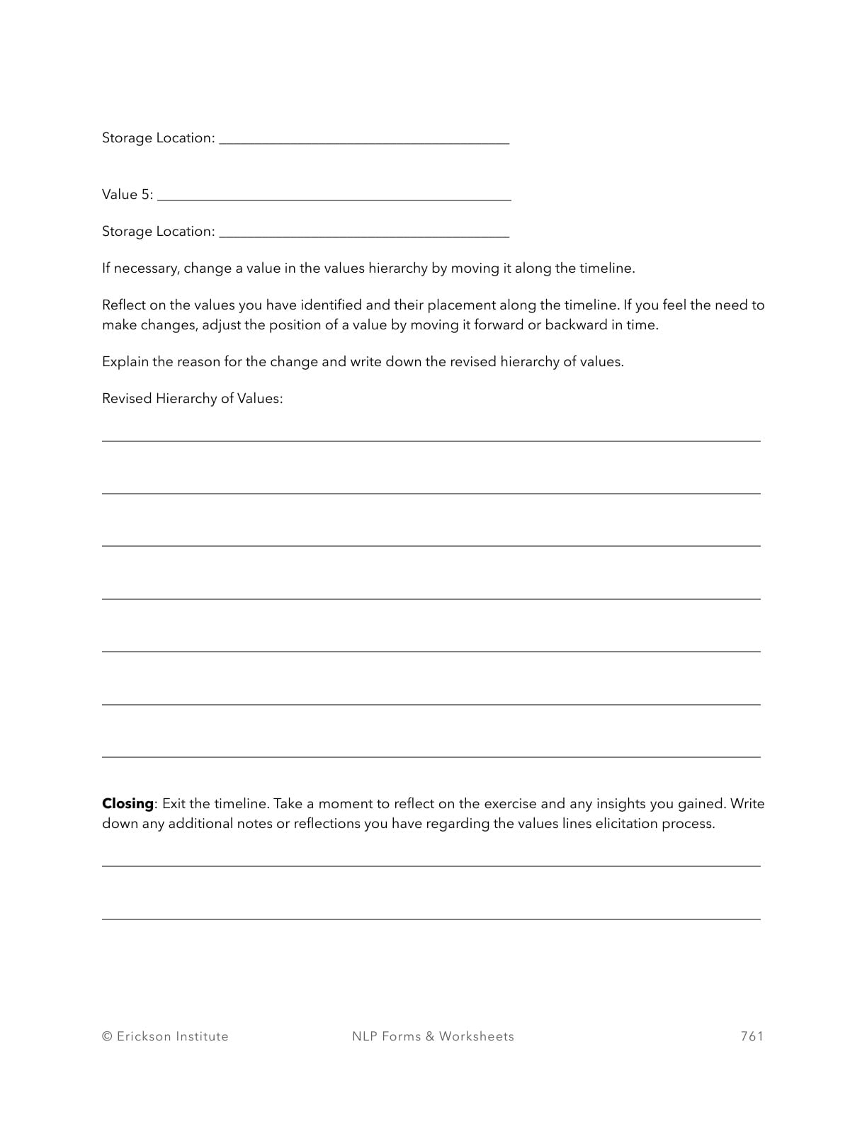 Values Lines Elicitation Form - Neuro Linguistic Programming 5