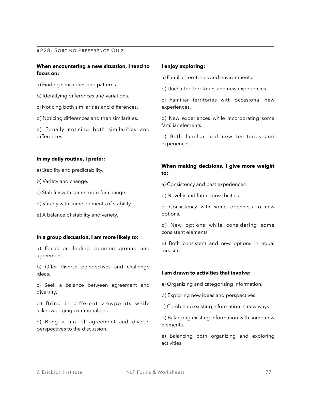 Sorting Preference Quiz - Neuro Linguistic Programming 1