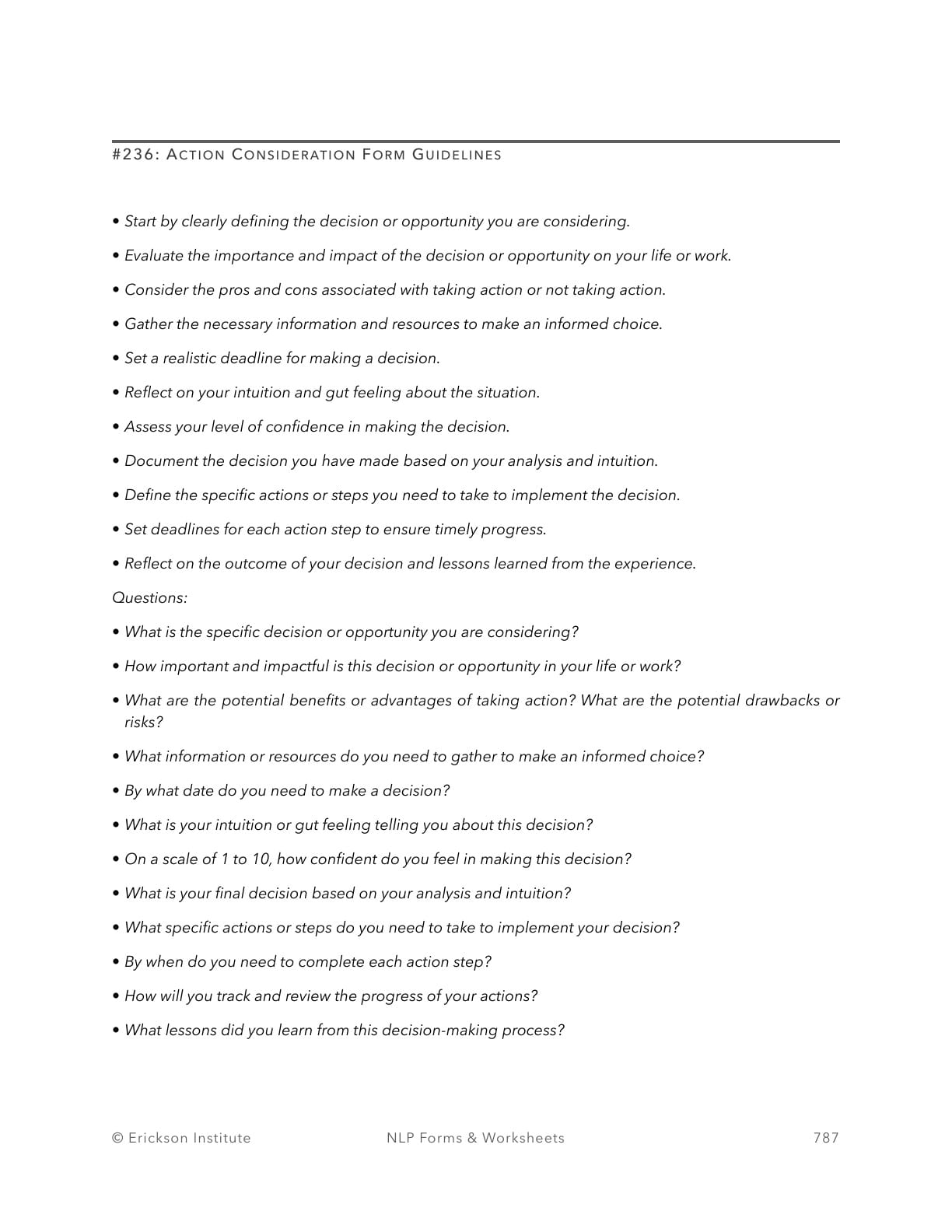 Action Consideration Form - Neuro Linguistic Programming 1