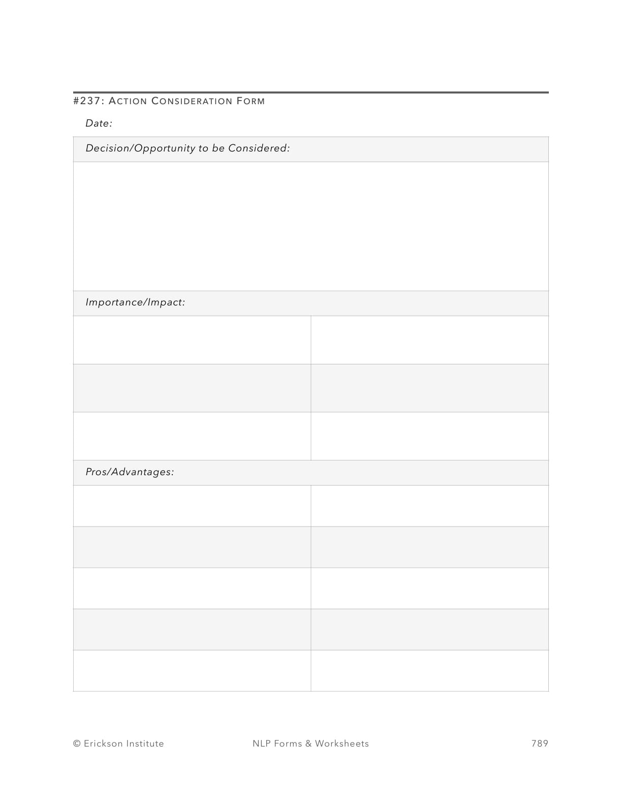 Action Consideration Form - Neuro Linguistic Programming 1
