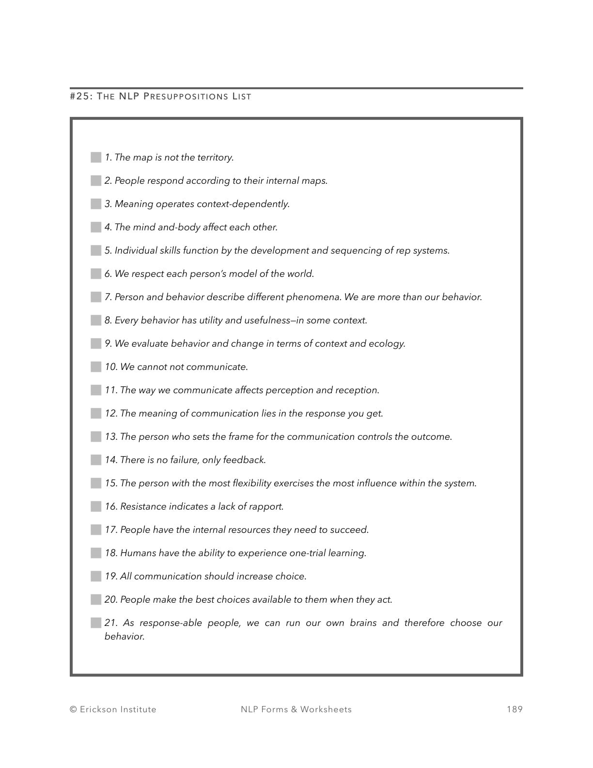 Presuppositions Evaluation Worksheet - Neuro Linguistic Programming 1