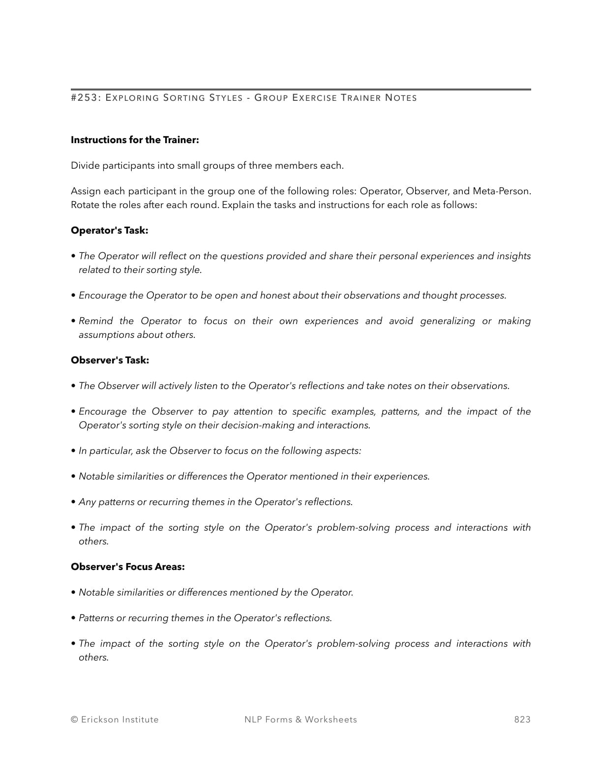 Exploring Sorting Styles - Group Exercise Observer Form - Neuro Linguistic Programming 1
