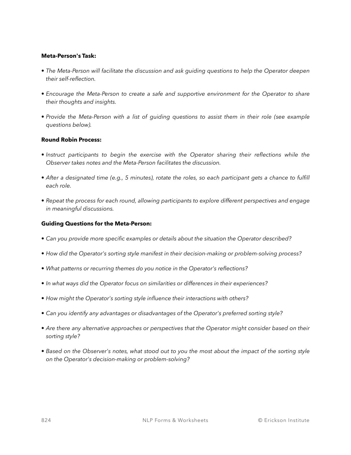 Exploring Sorting Styles - Group Exercise Observer Form - Neuro Linguistic Programming 2