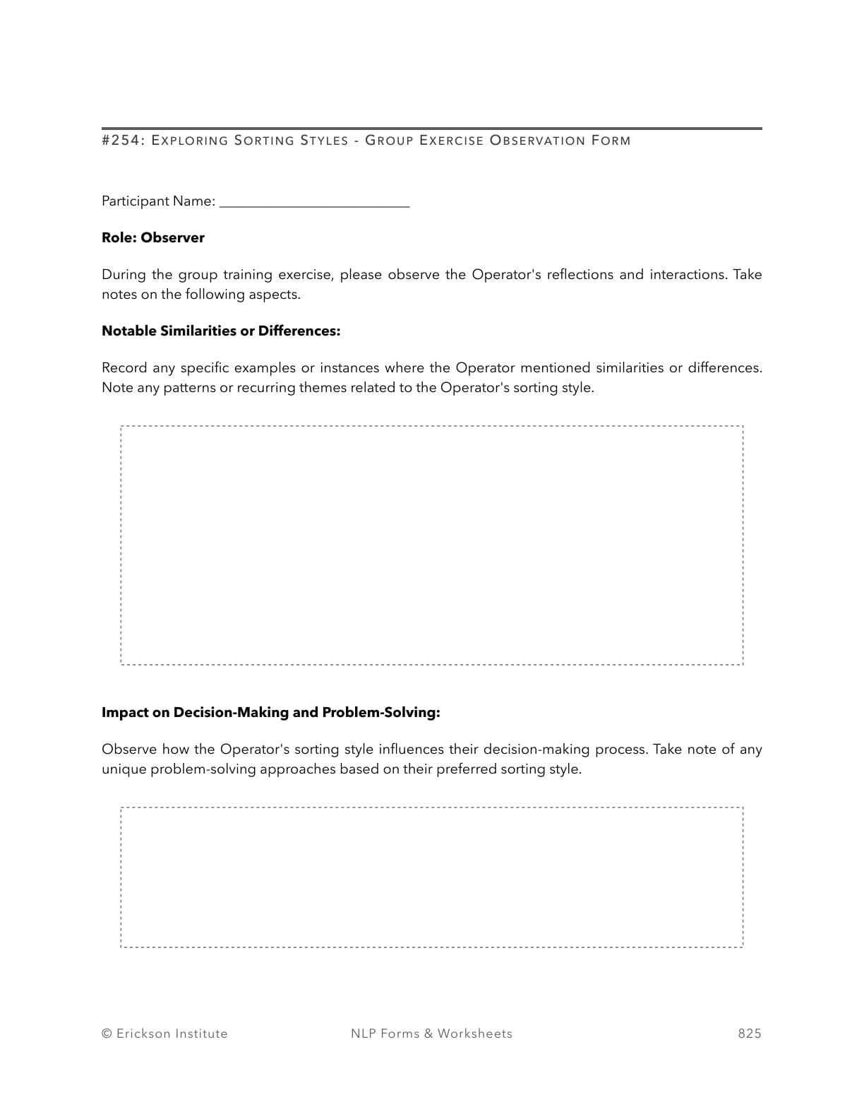Exploring Sorting Styles - Group Exercise Observer Form - Neuro Linguistic Programming 1