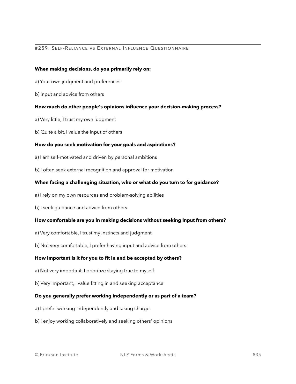 Self-Reliance vs External Influence Questionnaire - Neuro Linguistic Programming 1