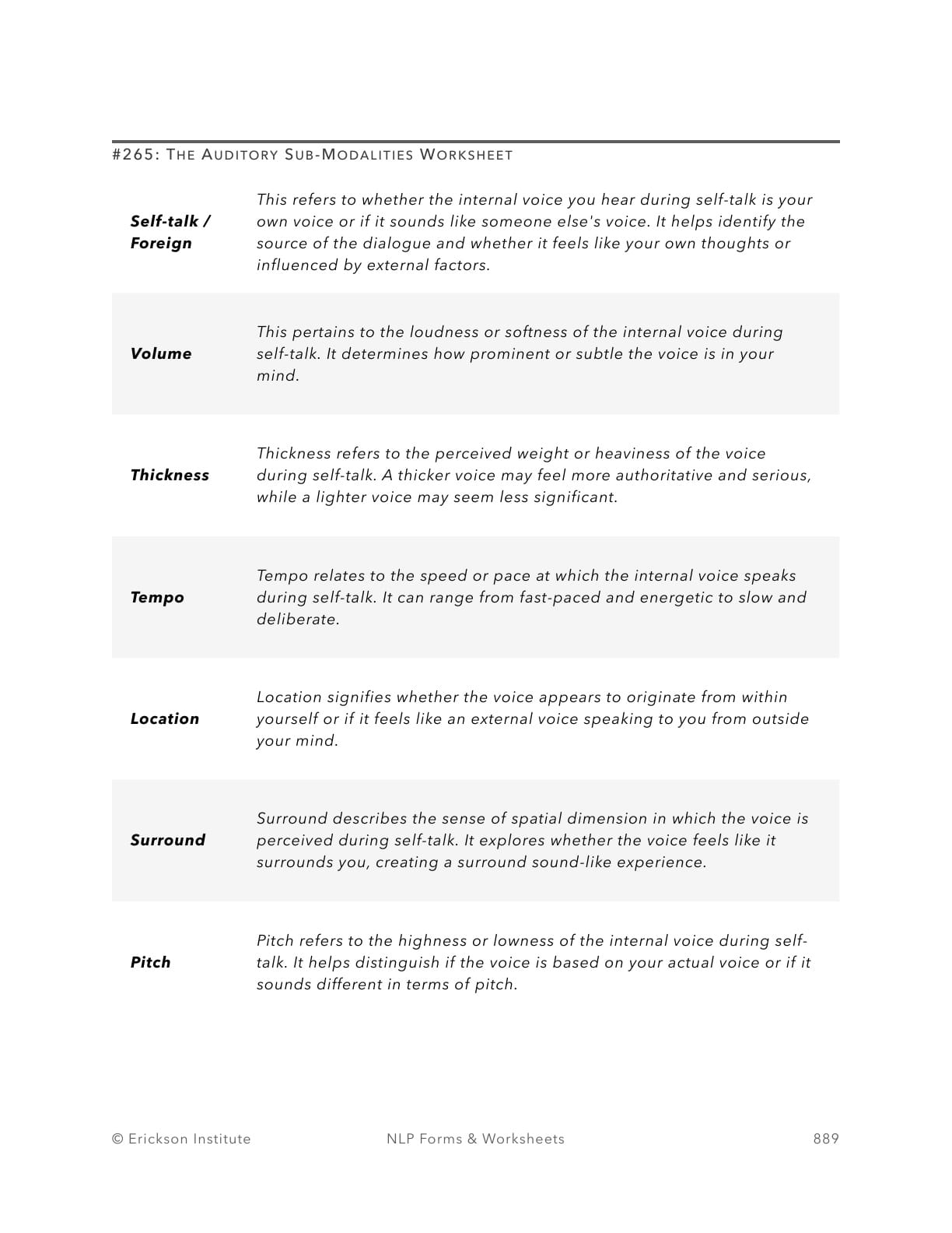 The Kinesthetic Sub-Modalities Worksheet - Neuro Linguistic Programming 1