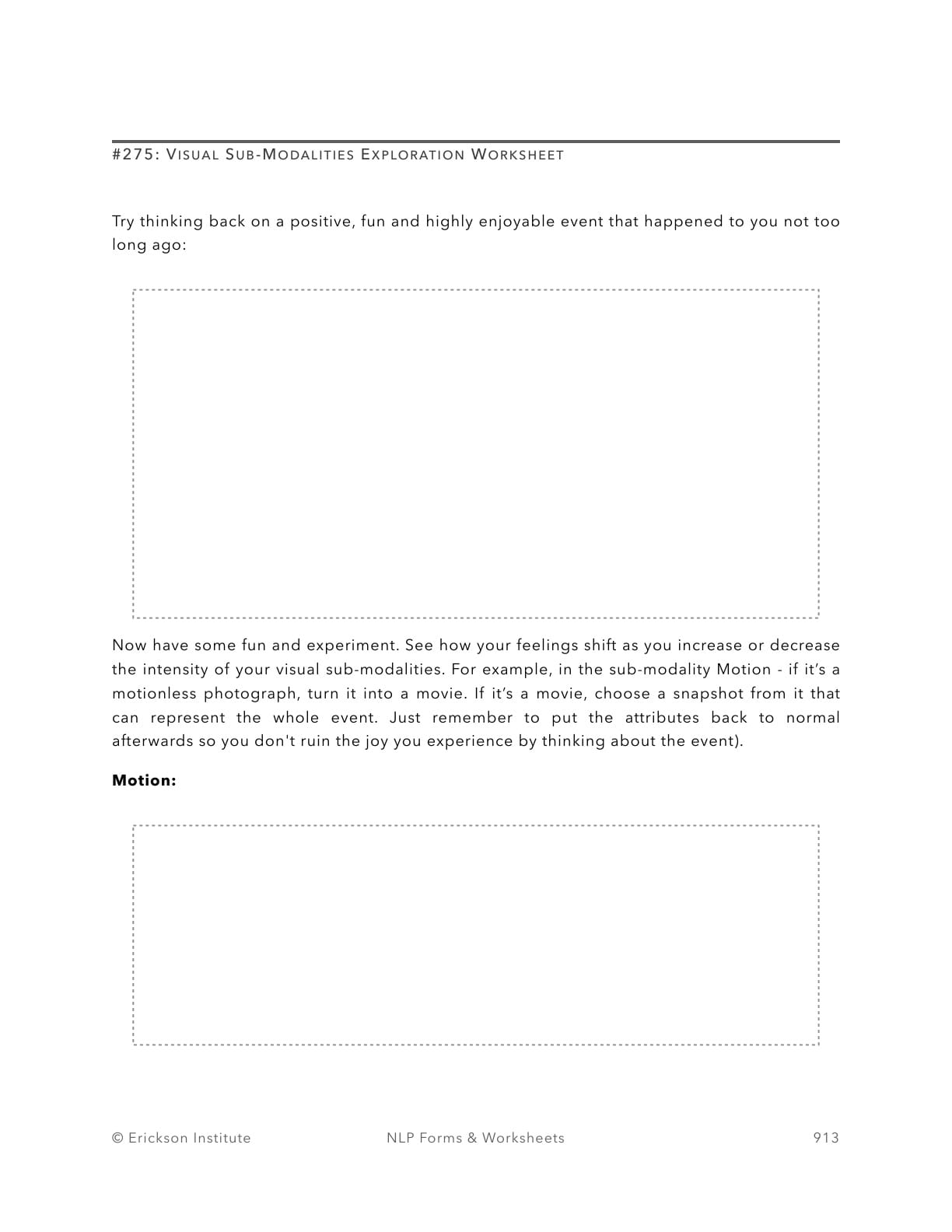Visual Sub-Modalities Exploration Worksheet - Neuro Linguistic Programming 1