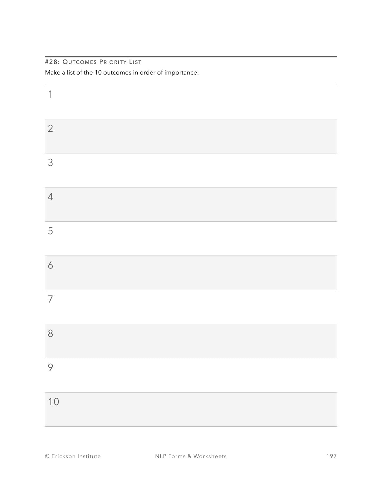 Outcomes Priority List - Neuro Linguistic Programming 1