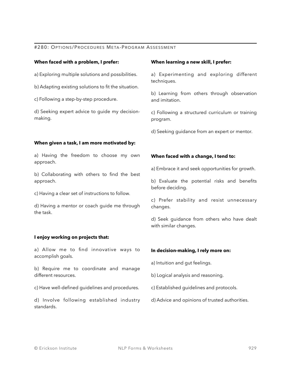Options/Procedures Meta-Program Assessment - Neuro Linguistic Programming 1