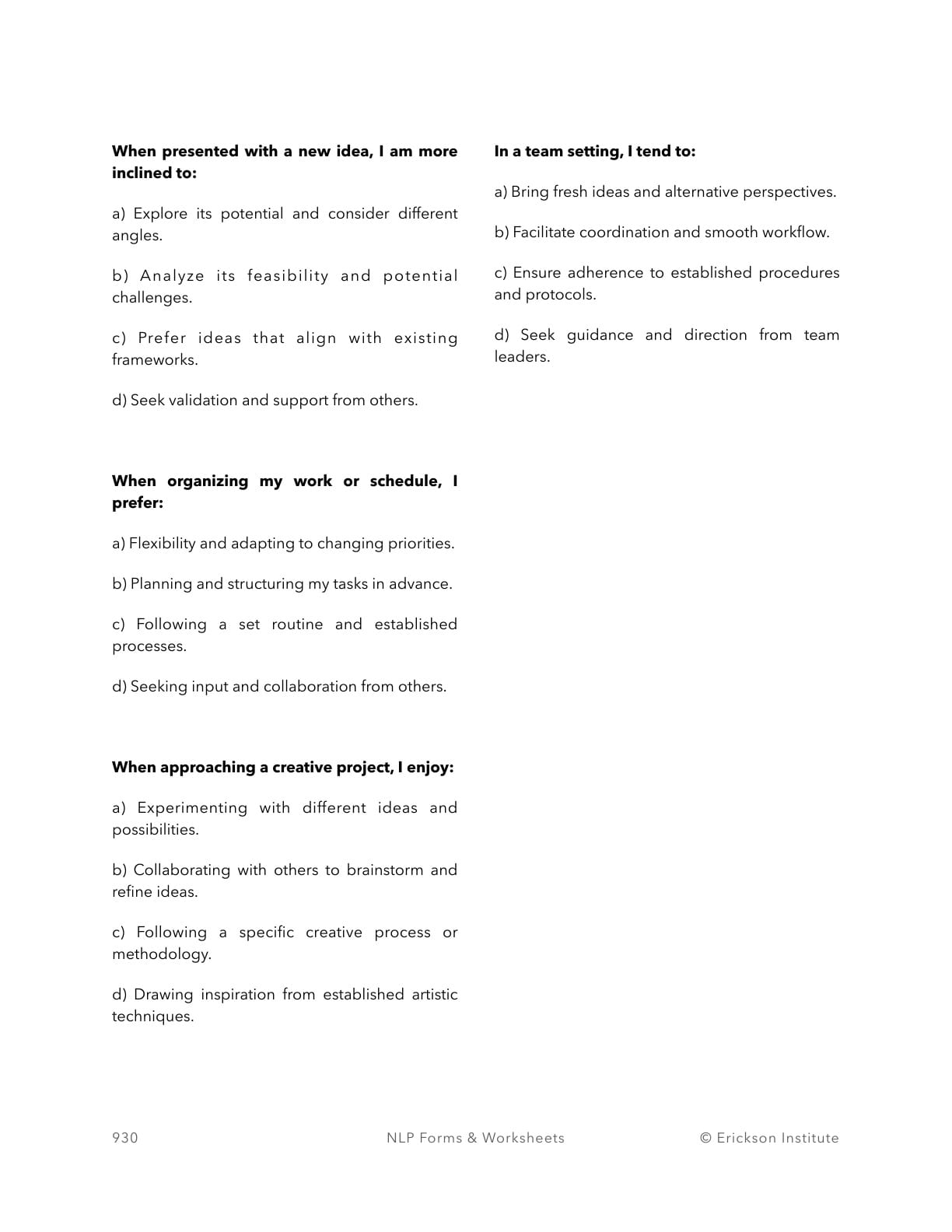 Options/Procedures Meta-Program Assessment - Neuro Linguistic Programming 2