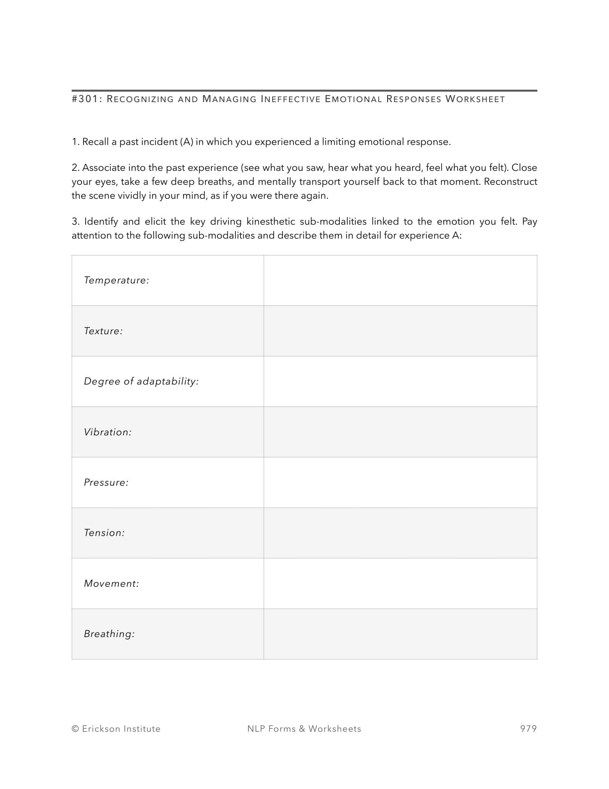 Recognizing and Managing Ineffective Emotional Responses Worksheet - Neuro Linguistic Programming 1