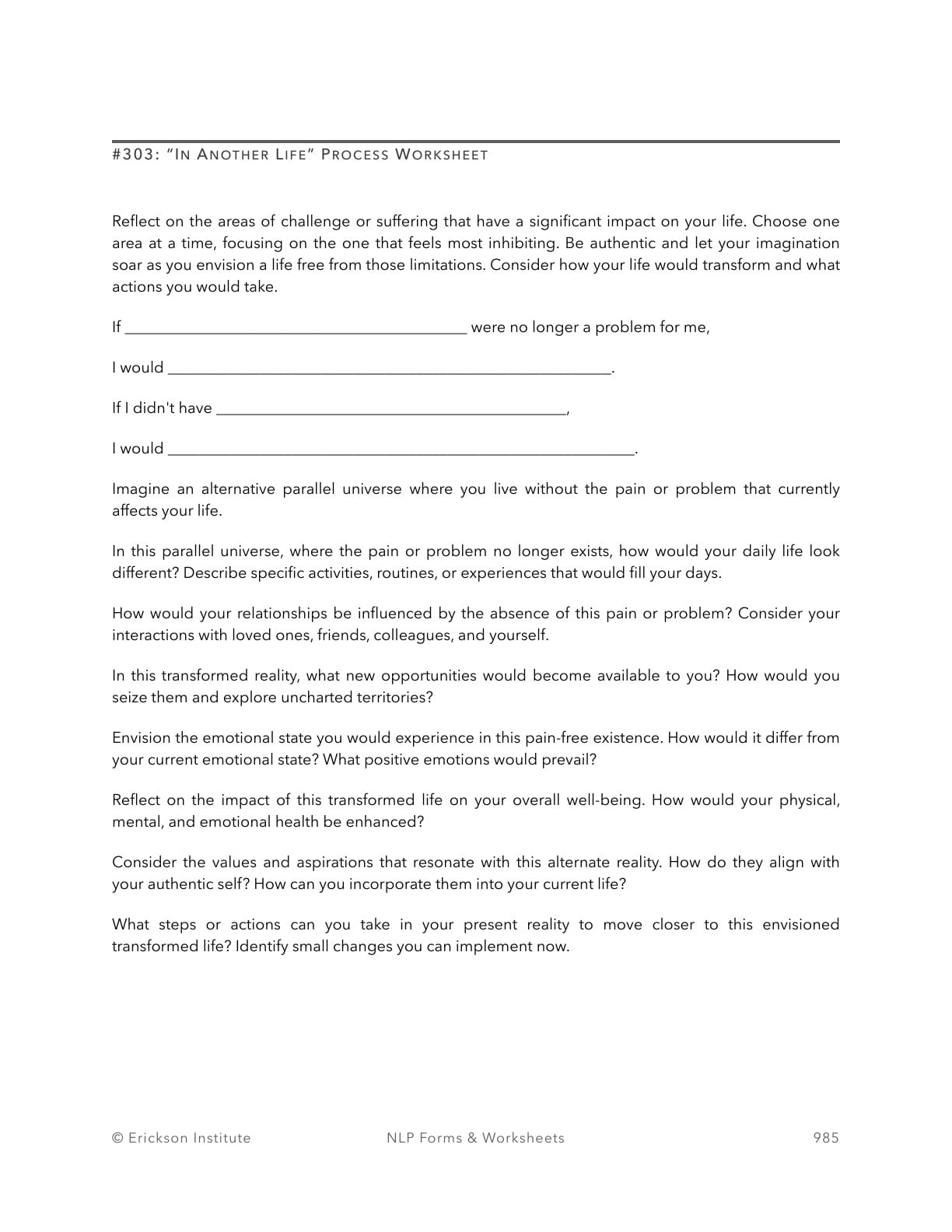 In Another Life Process Worksheet - Neuro Linguistic Programming 1