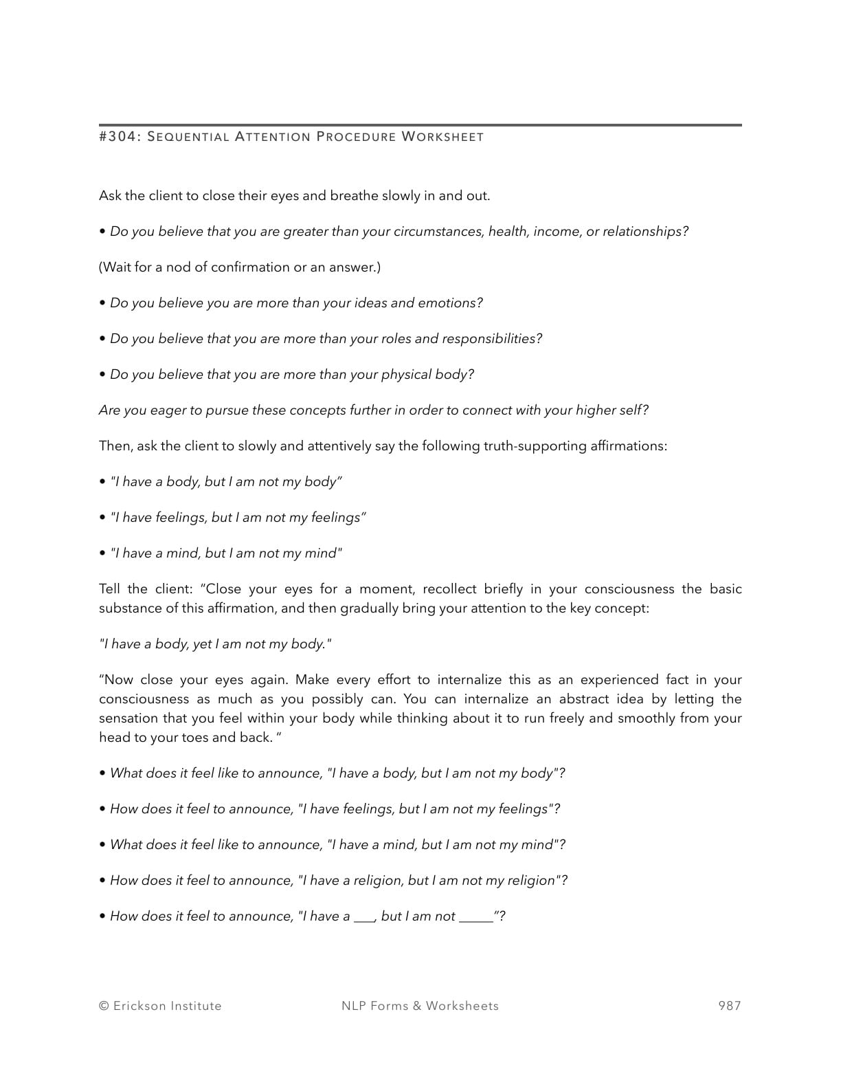Sequential Attention Procedure Worksheet - Neuro Linguistic Programming 1