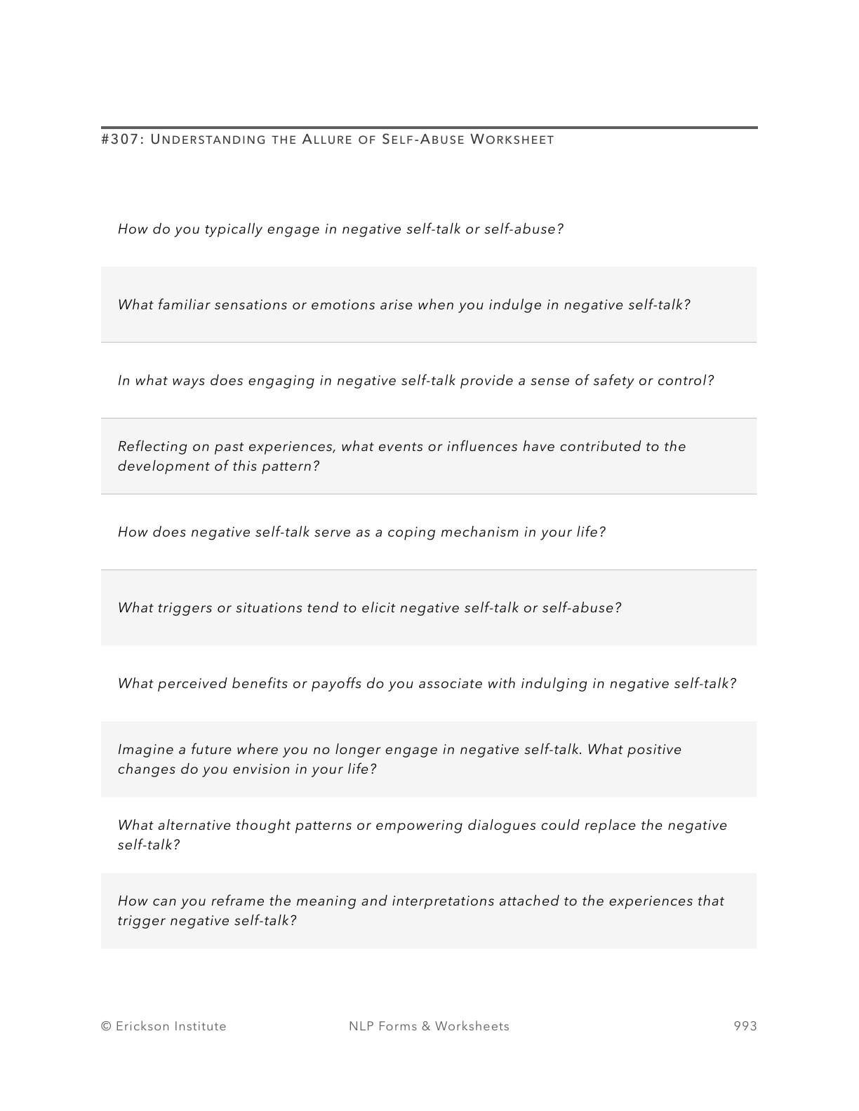 Understanding the Allure of Self-Abuse Worksheet - Neuro Linguistic Programming 1