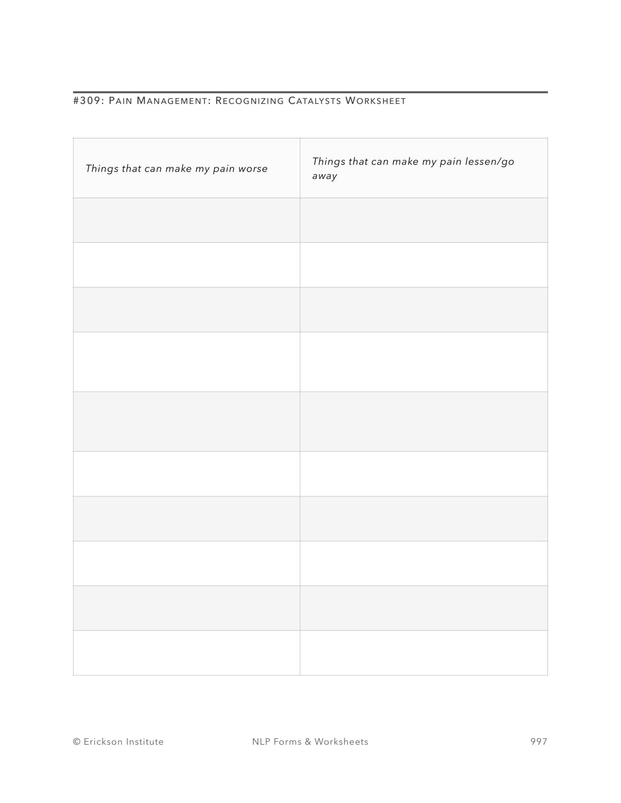 Pain Management: Recognizing Catalysts Worksheet (Example) - Neuro Linguistic Programming 1
