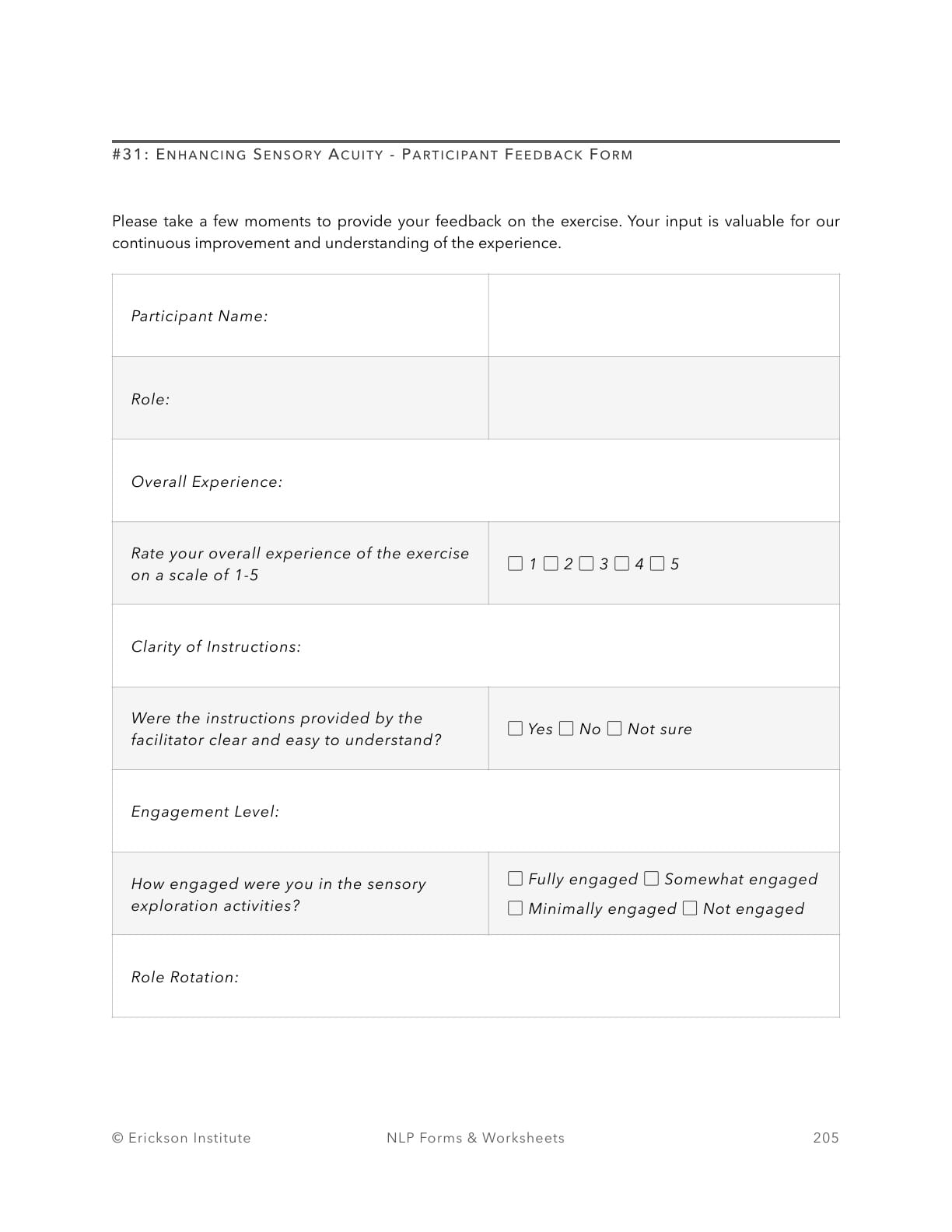Enhancing Sensory Acuity - Participant Feedback Form - Neuro Linguistic Programming 1