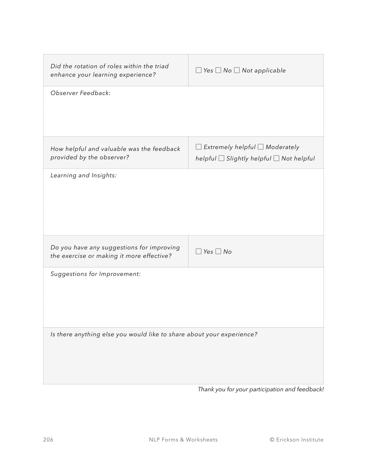 Enhancing Sensory Acuity - Participant Feedback Form - Neuro Linguistic Programming 2