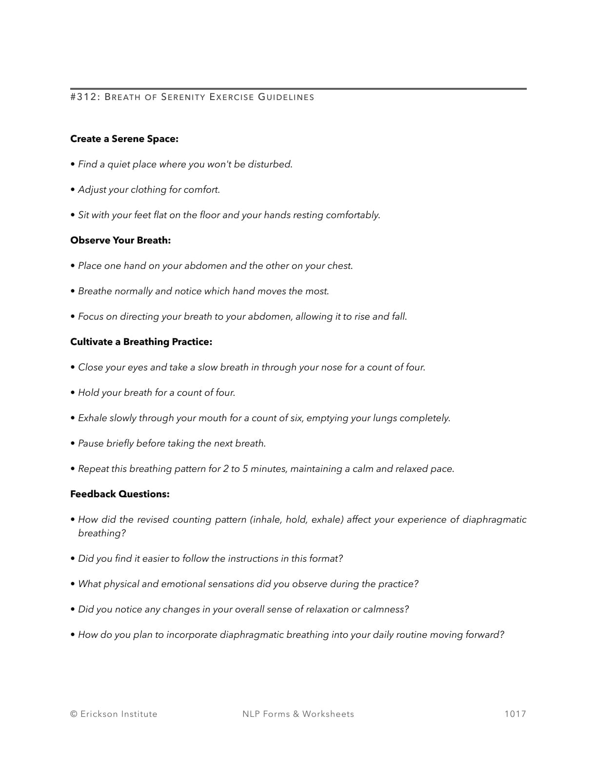 Breath of Serenity Exercise Daily Tracker - Neuro Linguistic Programming 1