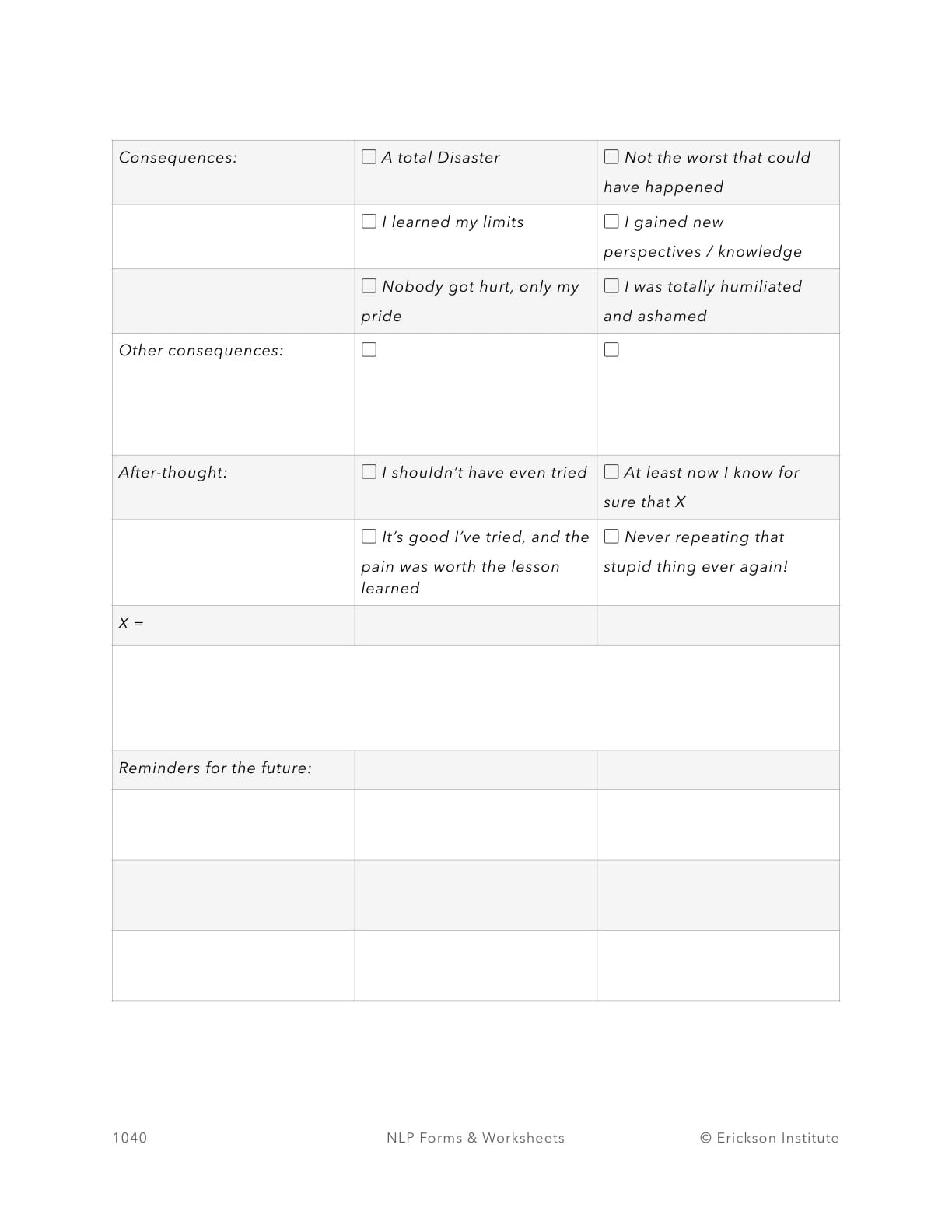 Mistakes Into Experience Worksheet - Neuro Linguistic Programming 2