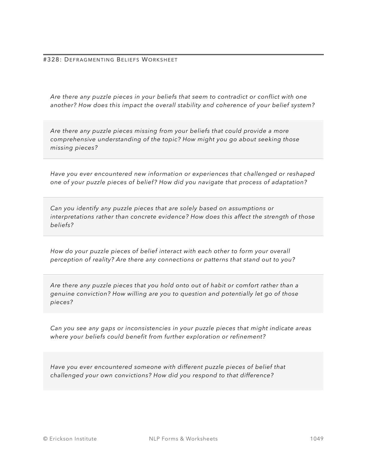 Defragmenting Beliefs Worksheet - Neuro Linguistic Programming 1