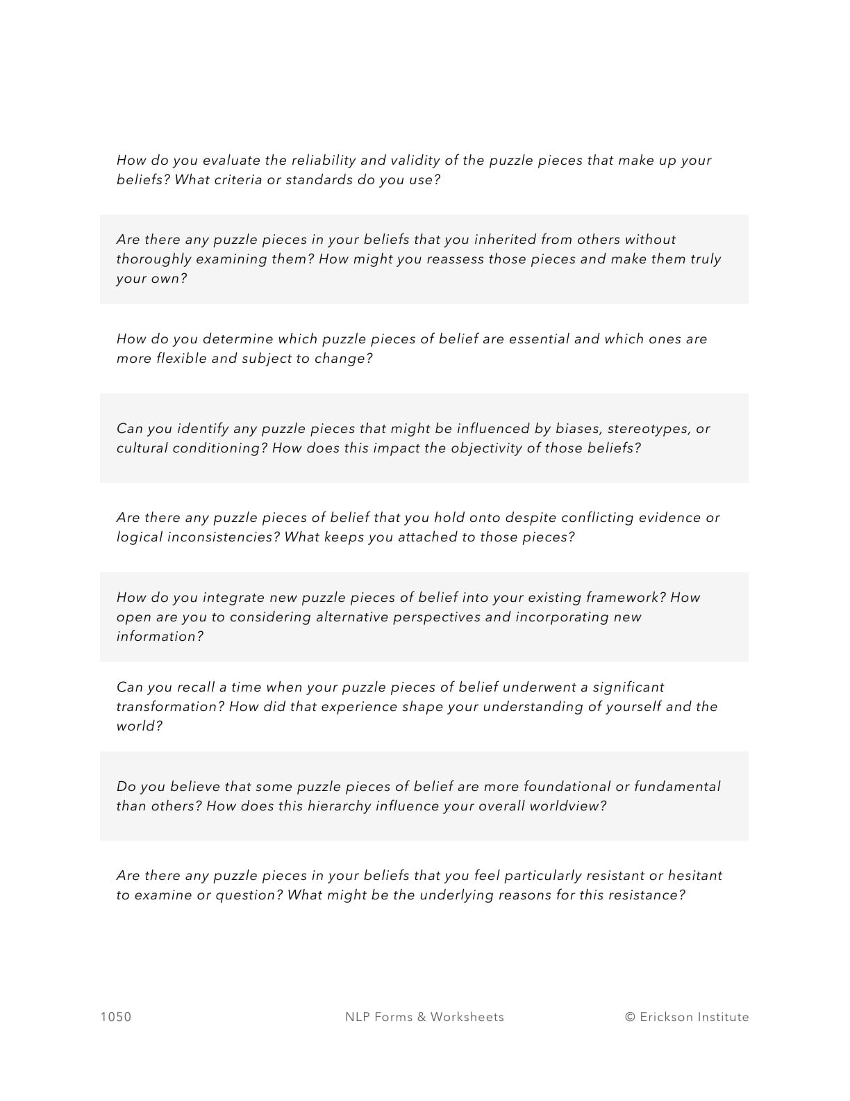 Defragmenting Beliefs Worksheet - Neuro Linguistic Programming 2