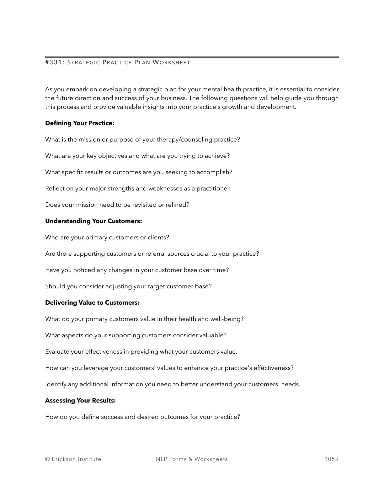 Strategic Practice Plan Worksheet - Neuro Linguistic Programming 1