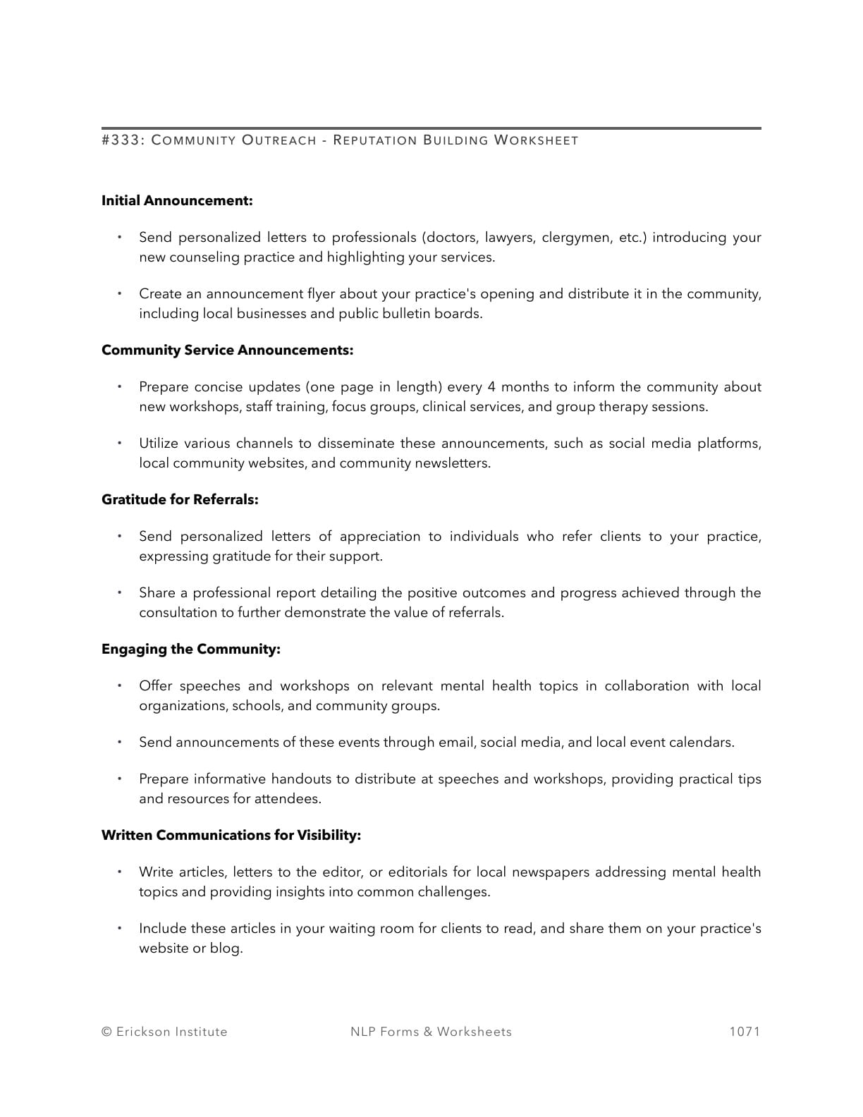 Community Outreach - Reputation Building Worksheet - Neuro Linguistic Programming 1