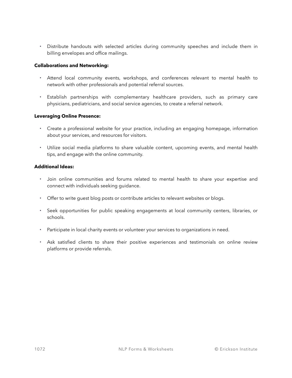 Community Outreach - Reputation Building Worksheet - Neuro Linguistic Programming 2