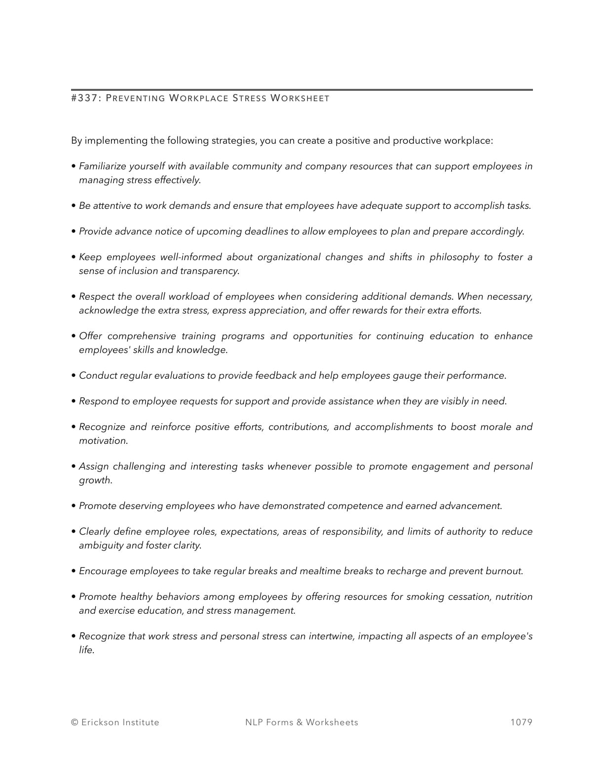 Preventing Workplace Stress Worksheet - Neuro Linguistic Programming 1