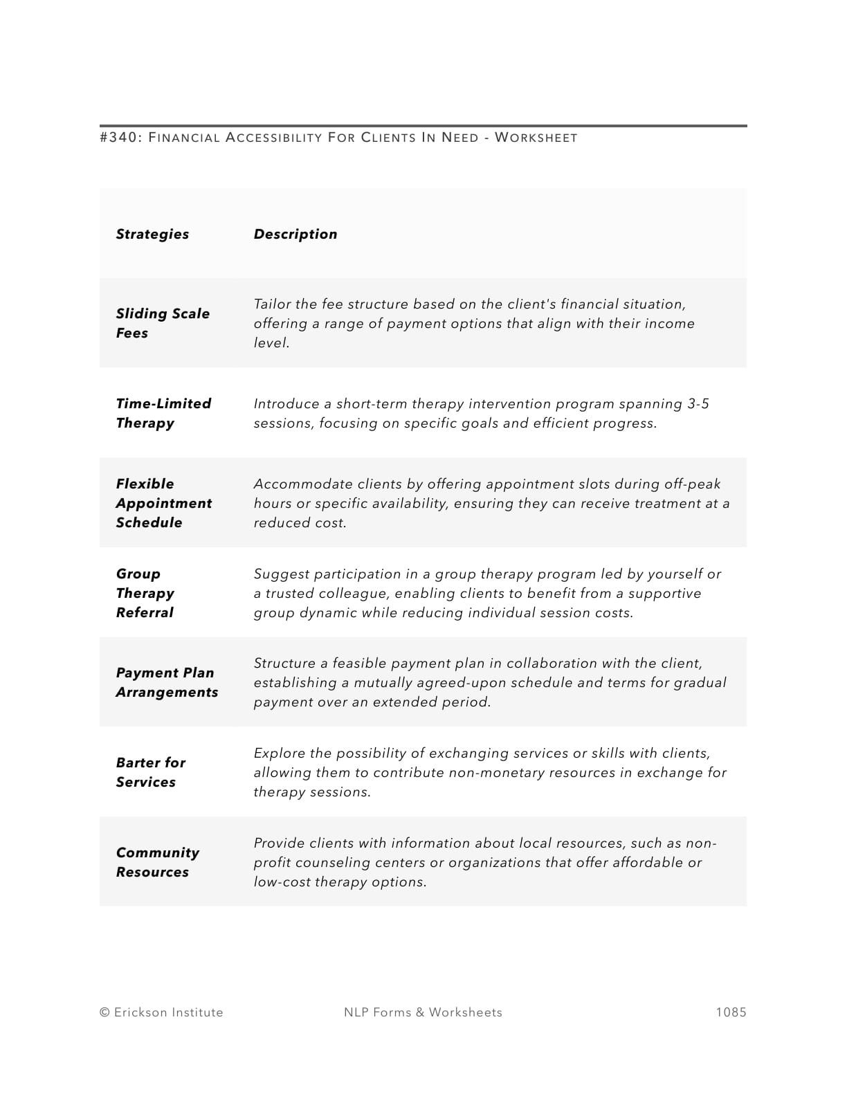 Financial Accessibility For Clients In Need - Worksheet - Neuro Linguistic Programming 1