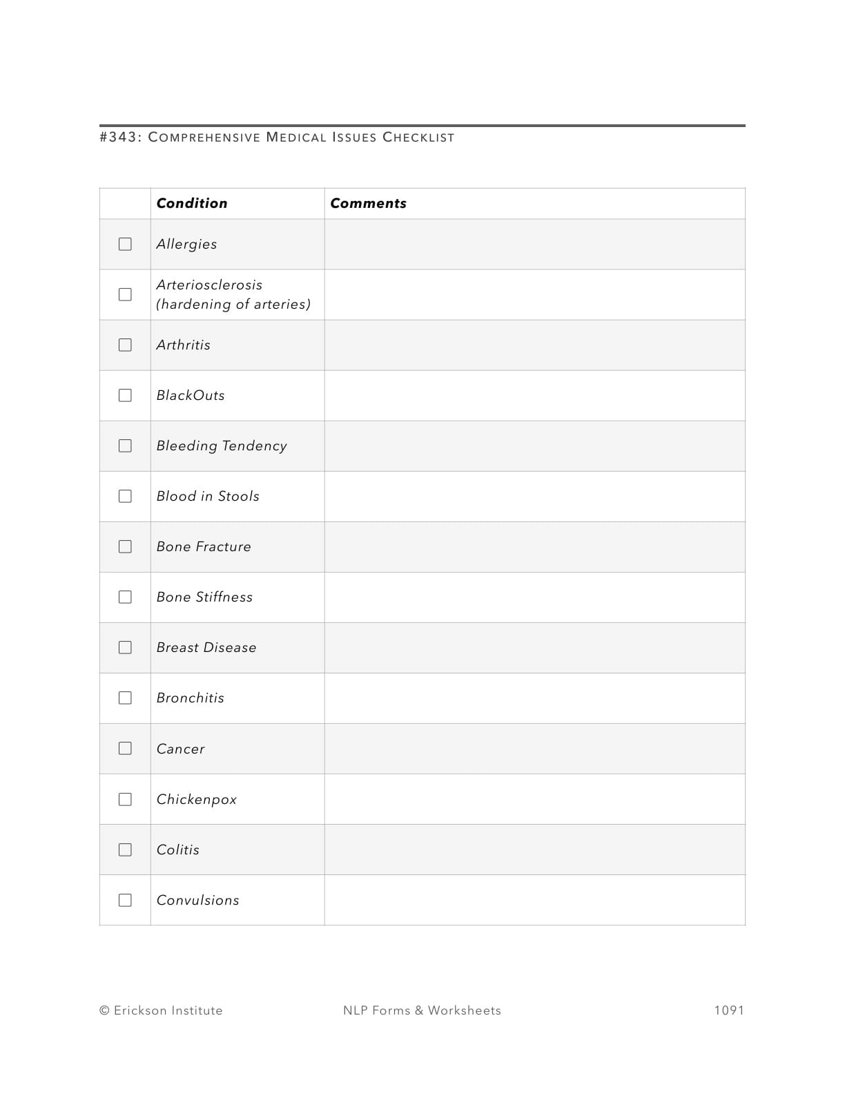 Comprehensive Medical Issues Checklist - Neuro Linguistic Programming 1