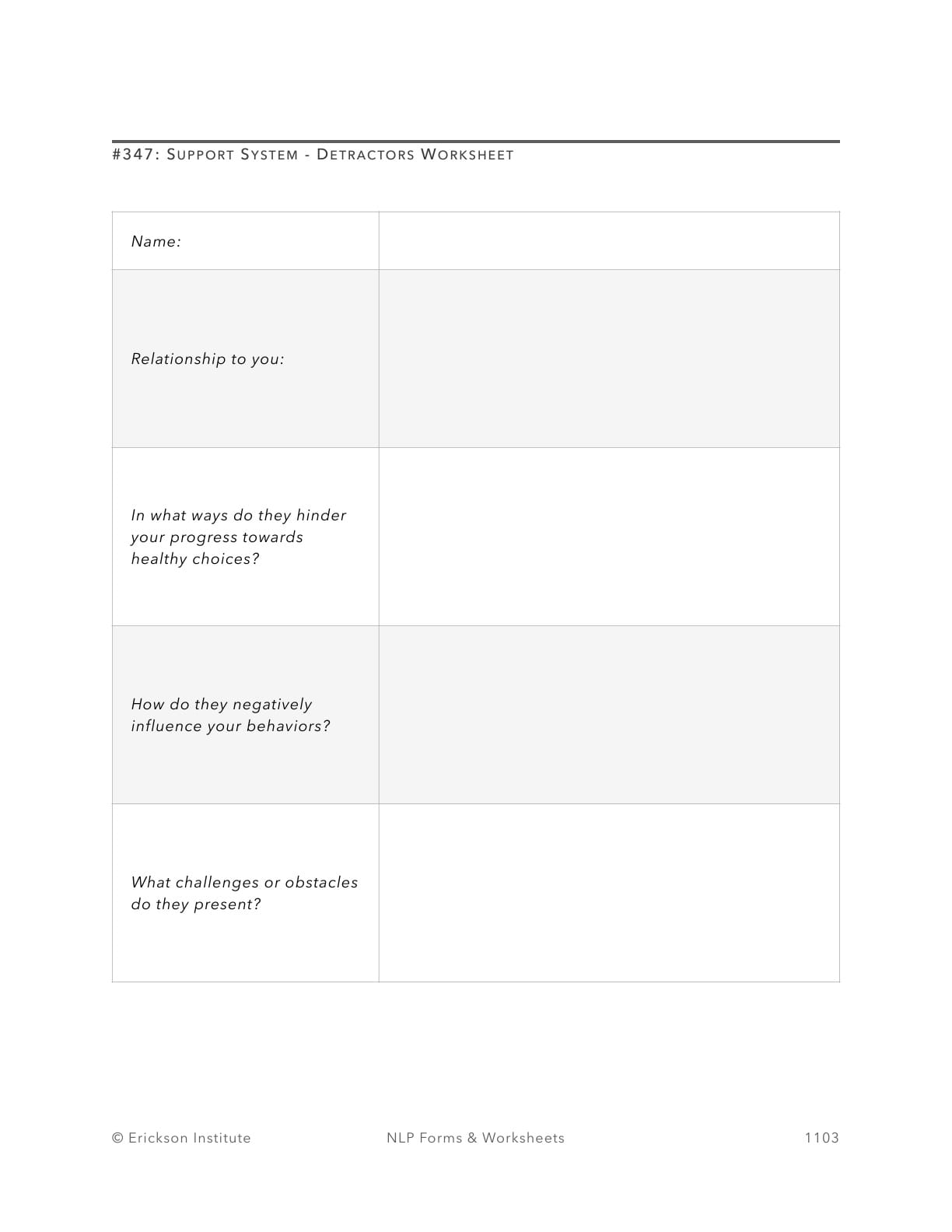 Support System - Detractors Worksheet - Neuro Linguistic Programming 1