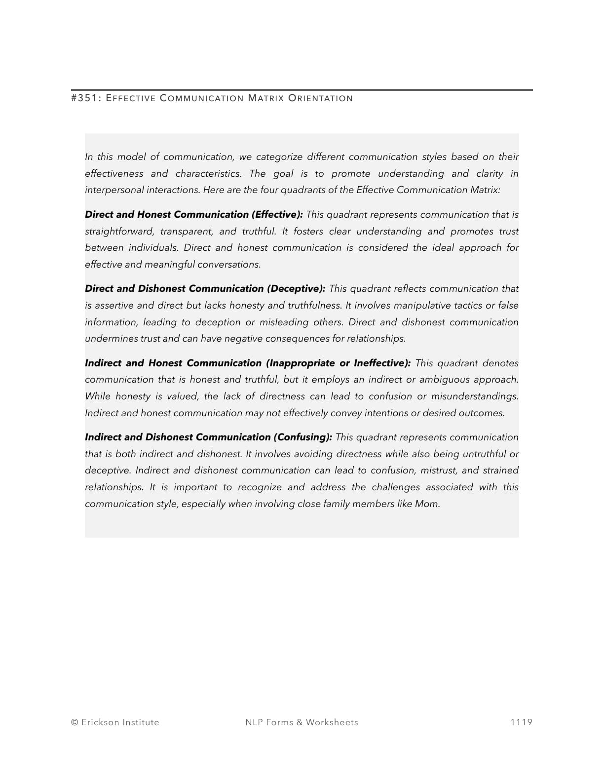 Effective Communication Matrix Exploration Worksheet - Neuro Linguistic Programming 1