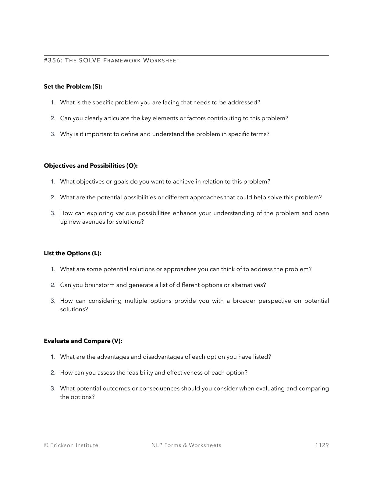 The SOLVE Framework Worksheet - Neuro Linguistic Programming 1